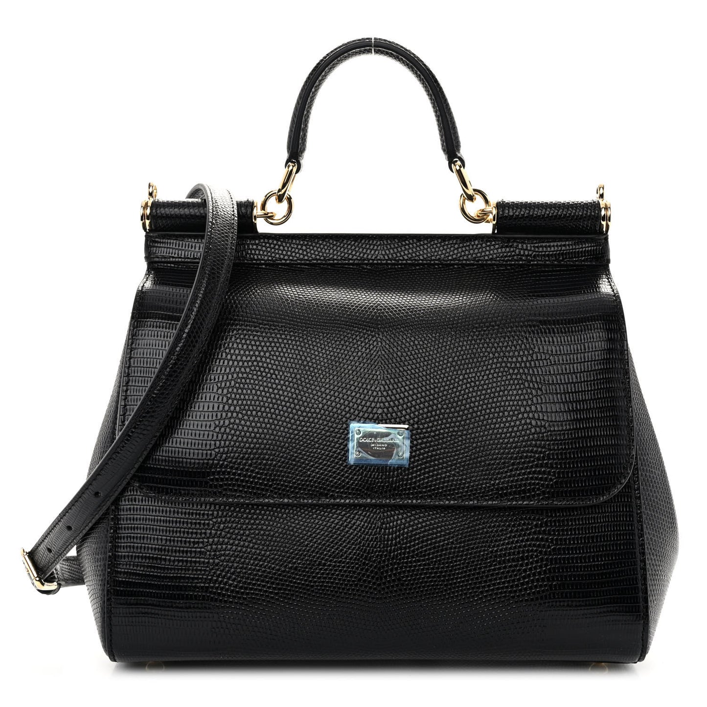 Iguana Calfskin Embossed Medium Miss Sicily Satchel Black