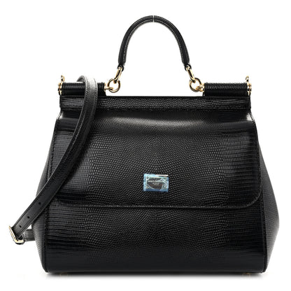 Dolce & Gabbana Iguana Calfskin Embossed Medium Miss Sicily Satchel Black 1 of 9