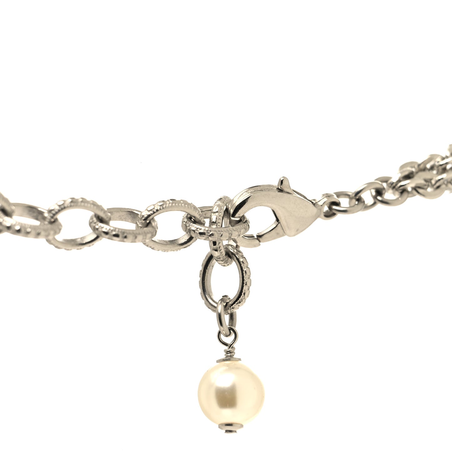 Crystal Pearl CC Drop Necklace Silver White
