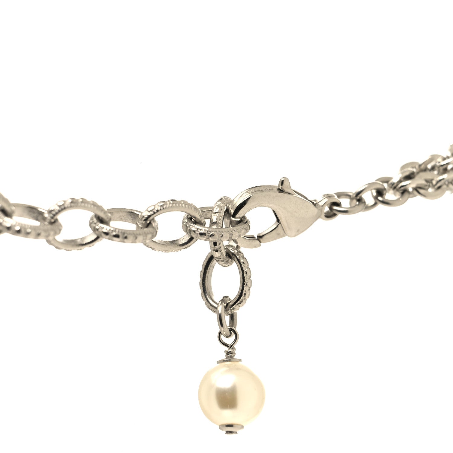 Chanel Crystal Pearl CC Drop Necklace Silver White 4 of 5