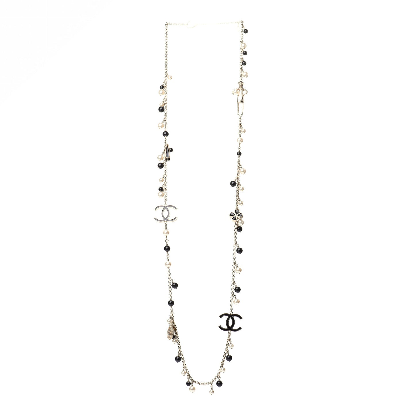 Pearl Beaded Enamel CC Coco Long Necklace Black Gold