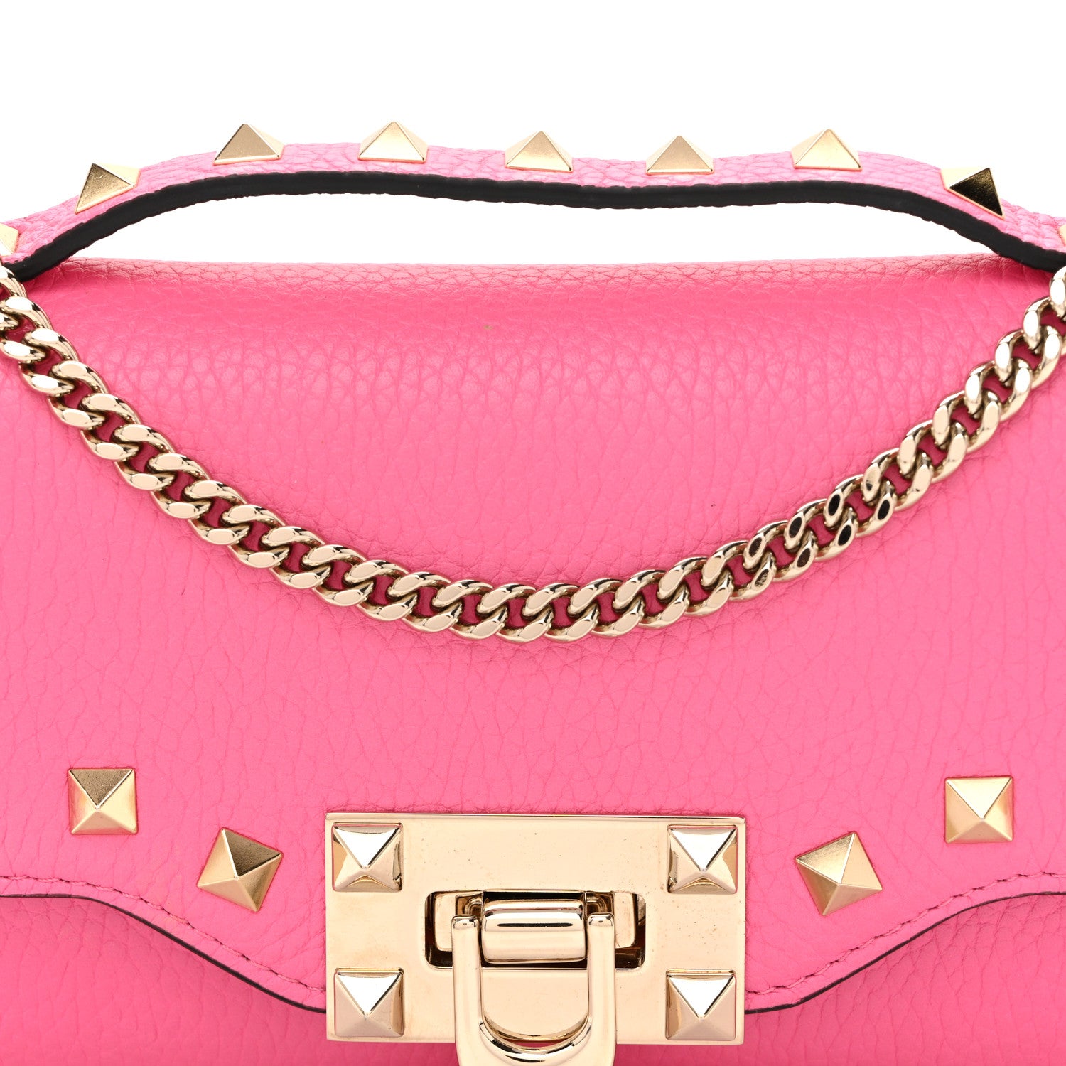 Valentino Garavani Pebbled Calfskin Rockstud Flip Lock Wallet On Chain Feminine Pink 7 of 9