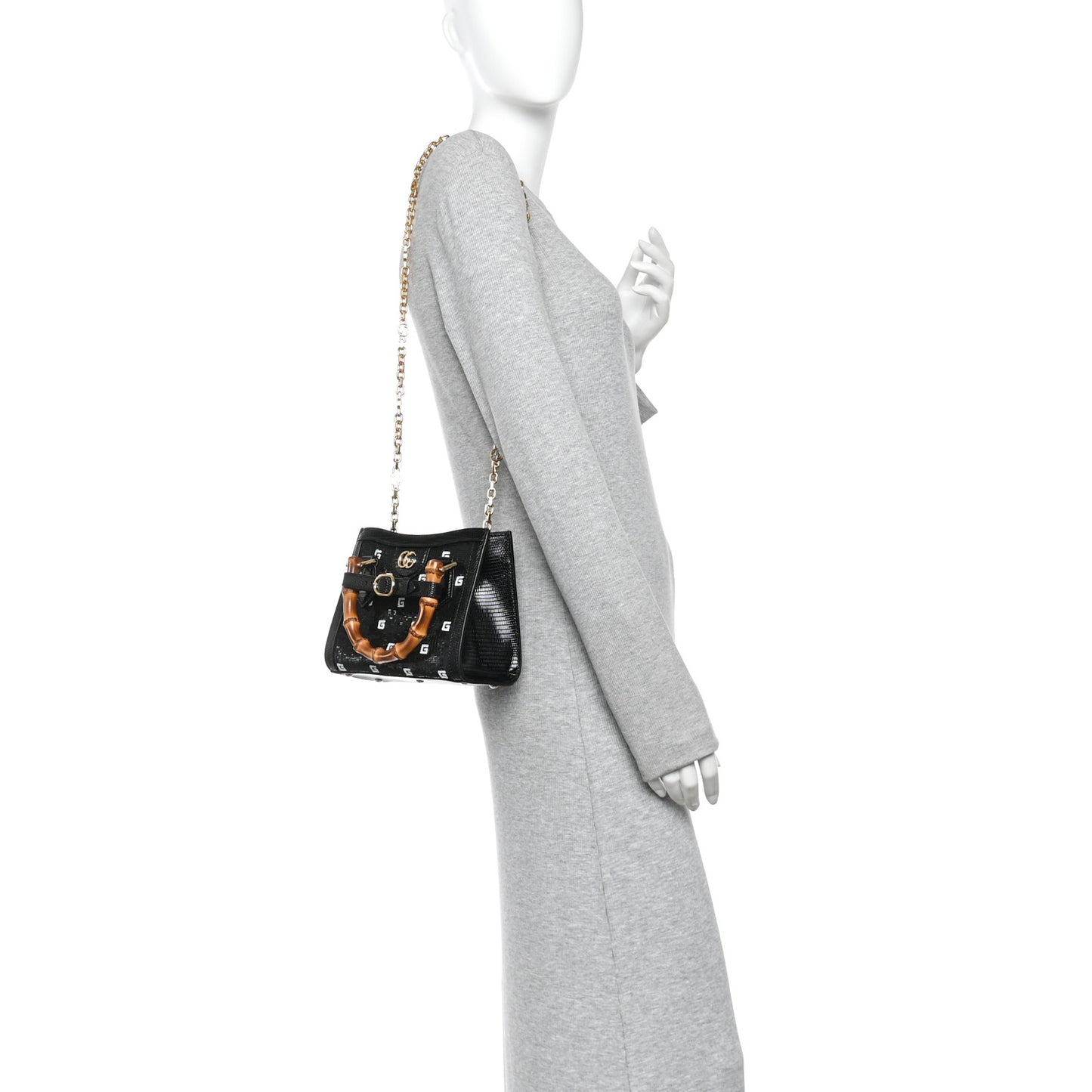 Lizard Sequin GG Monogram Mini Diana Tote Bag Black