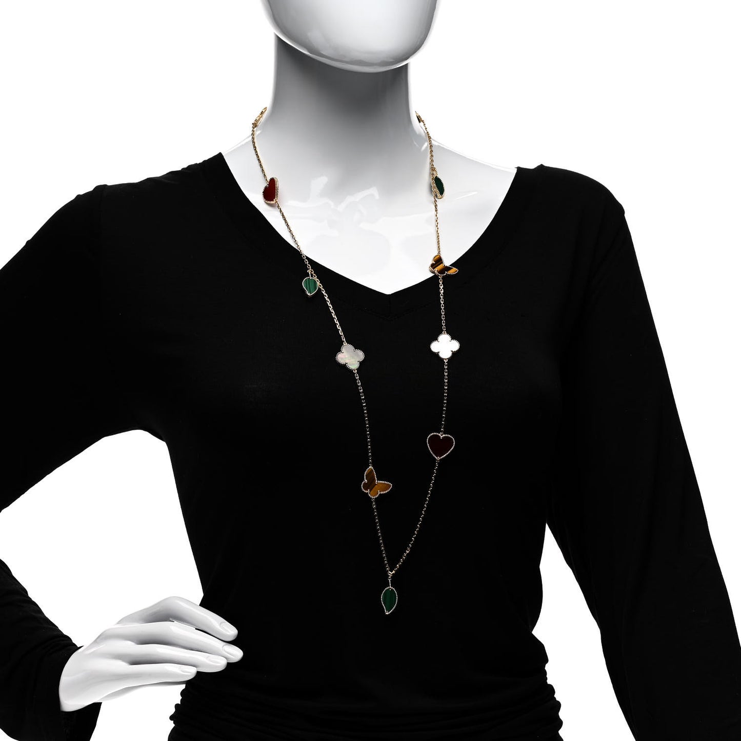 18K Yellow Gold Mother of Pearl Malachite Carnelian Tiger Eye 12 Motif Lucky Alhambra Necklace