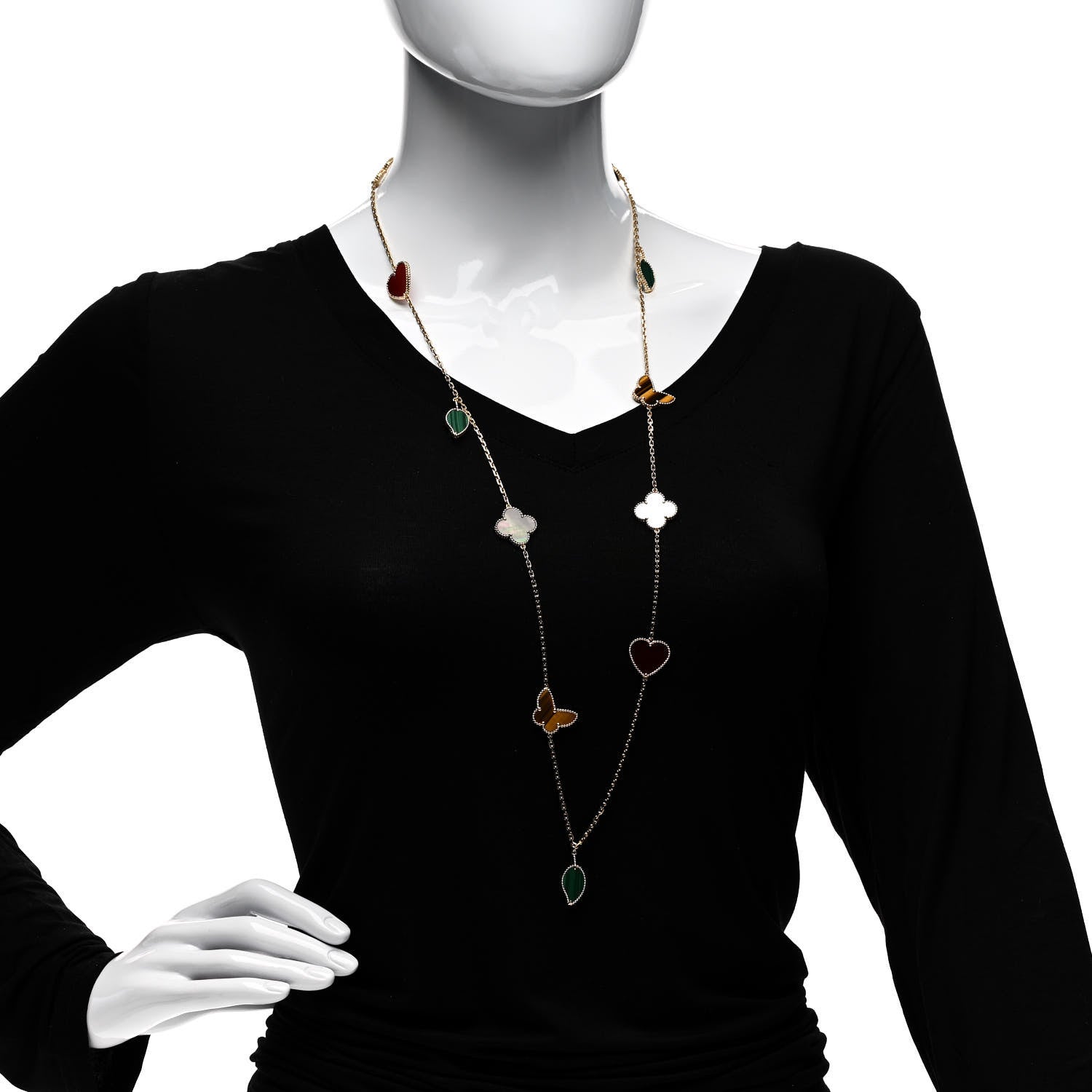 Van Cleef & Arpels 18K Yellow Gold Mother of Pearl Malachite Carnelian Tiger Eye 12 Motif Lucky Alhambra Necklace 2 of 4
