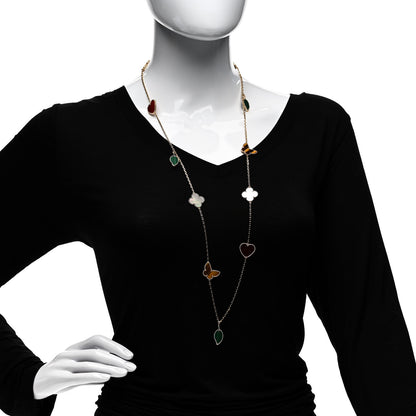 Van Cleef & Arpels 18K Yellow Gold Mother of Pearl Malachite Carnelian Tiger Eye 12 Motif Lucky Alhambra Necklace 2 of 4