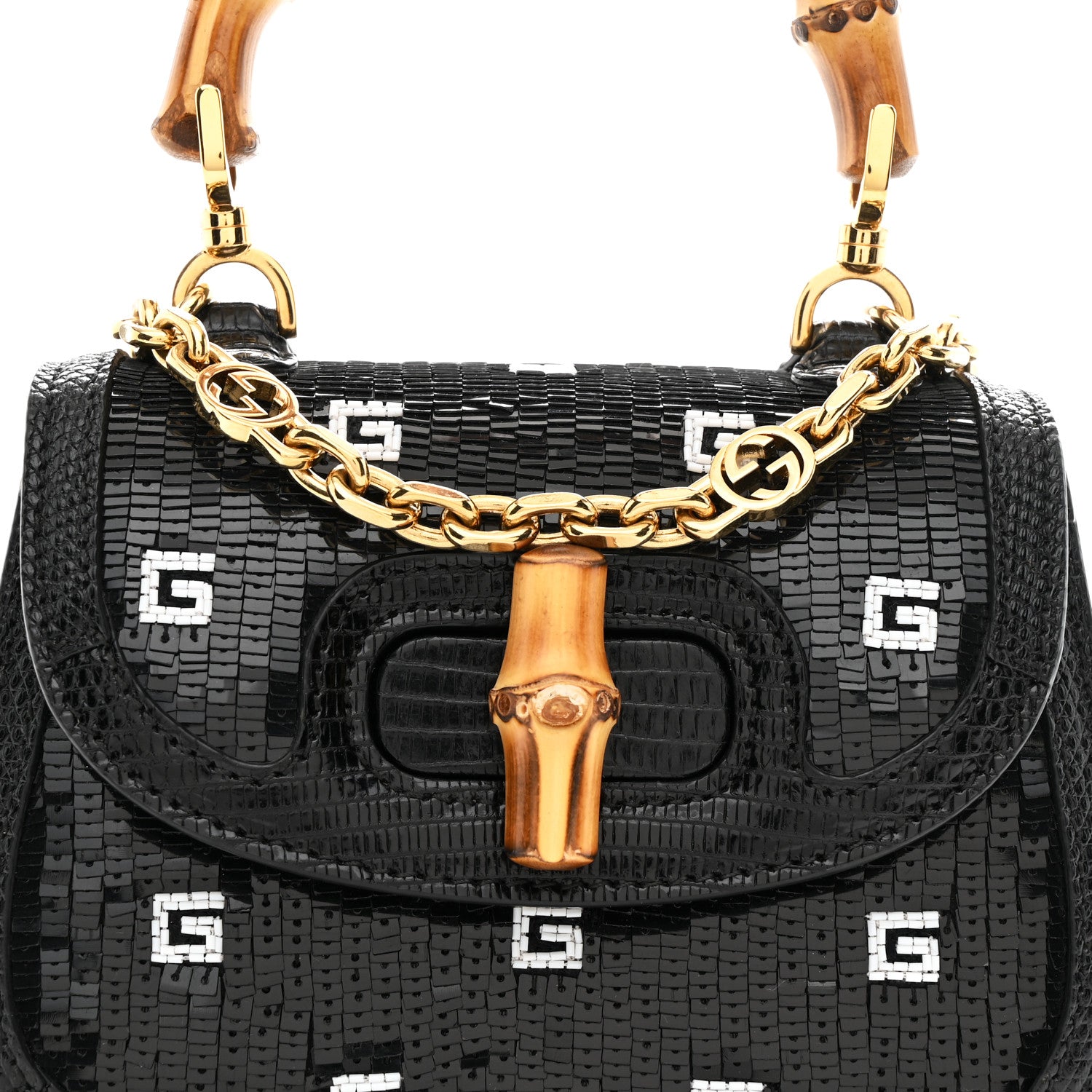 Gucci Sequin Lizard Embossed GG Mini Bamboo 1947 Top Handle Chain