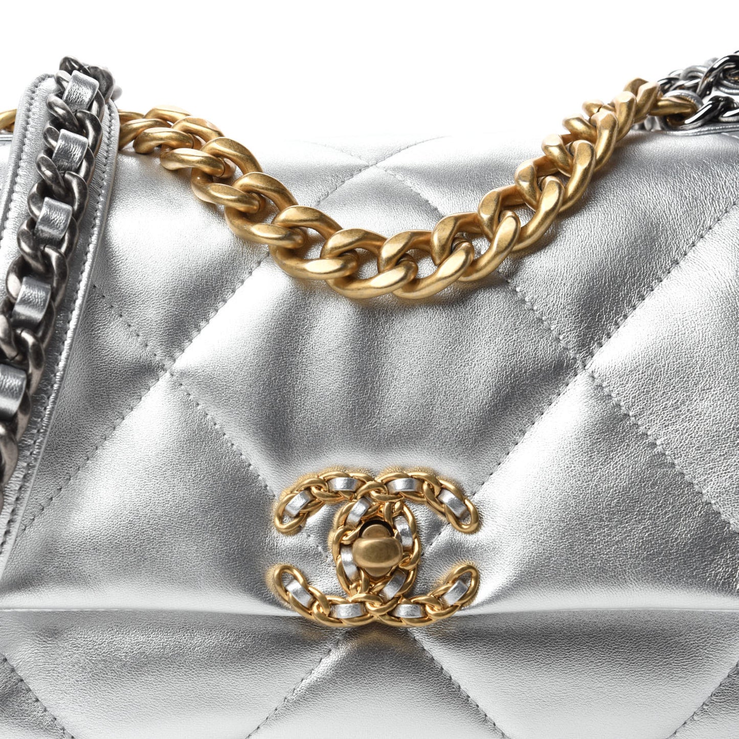 Metallic Lambskin Quilted Medium Chanel 19 Flap Silver