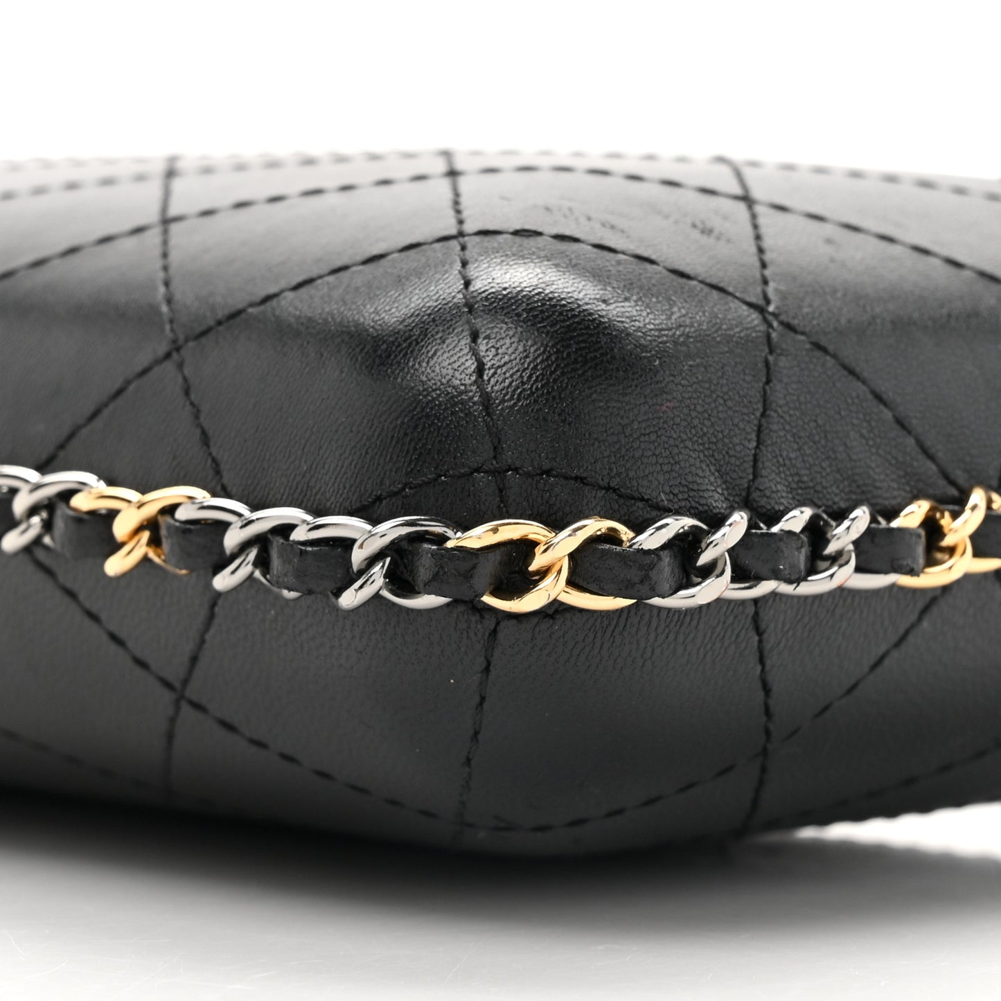 Lambskin Quilted Chain Around Phone Holder Black