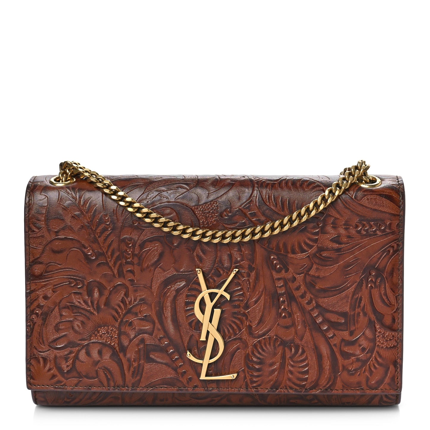Calfskin Floral Tooling Embossed Medium Classic Monogram Kate Satchel Toasted Brown