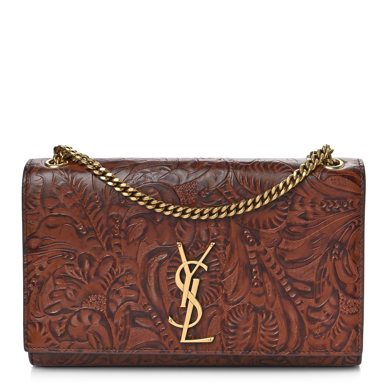 Saint Laurent Calfskin Floral Tooling Embossed Medium Classic Monogram Kate Satchel Toasted Brown 1 of 10