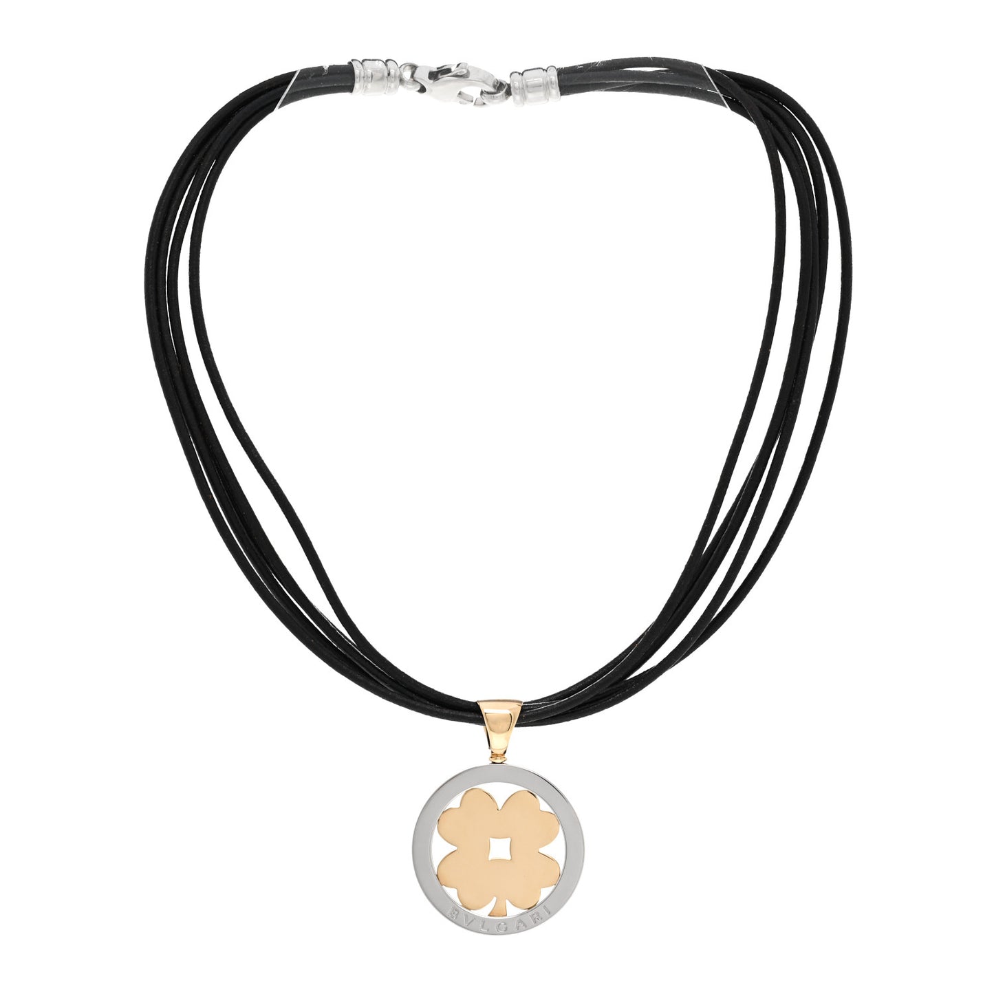 18K Yellow Gold Stainless Steel Calfskin Tondo Clover Pendant Necklace Black