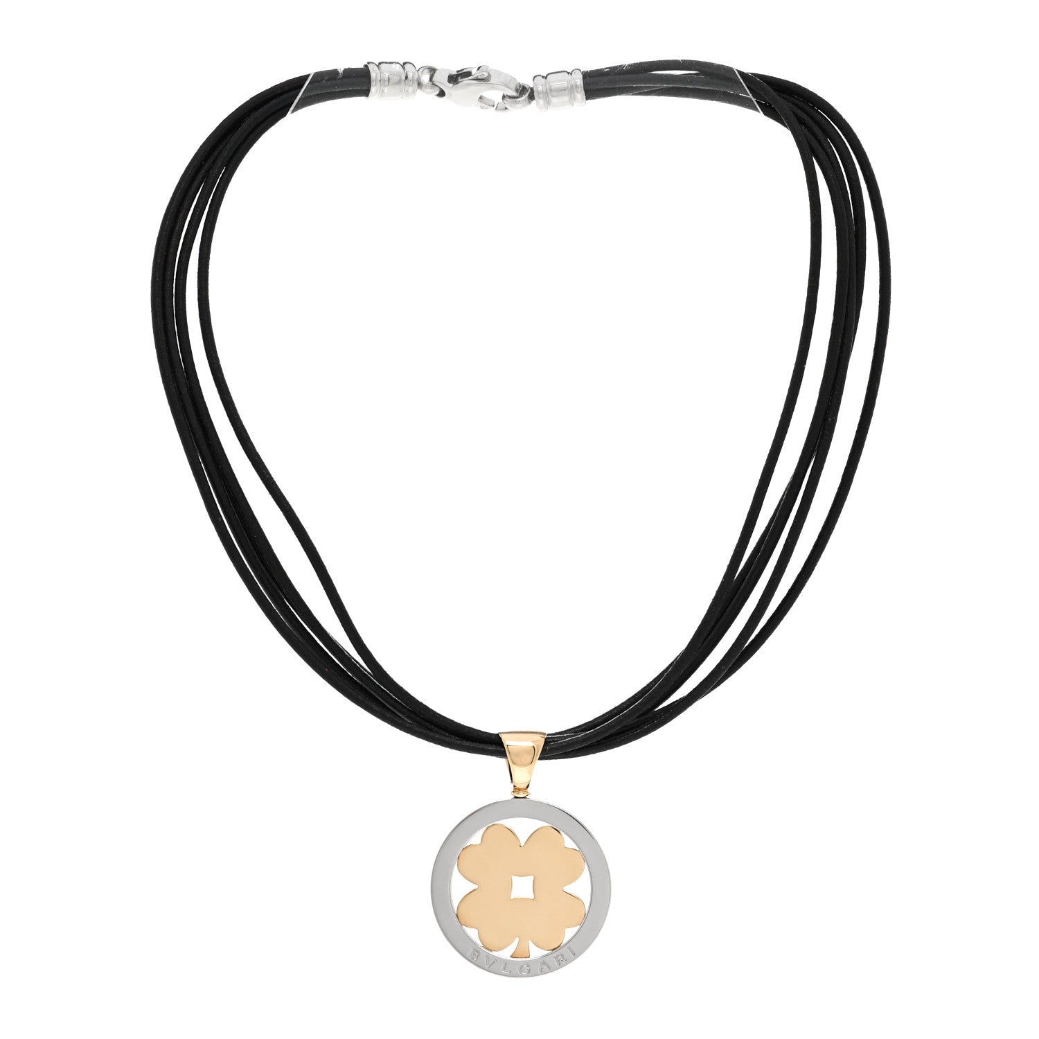 Bulgari 18K Yellow Gold Stainless Steel Calfskin Tondo Clover Pendant Necklace Black 2 of 4
