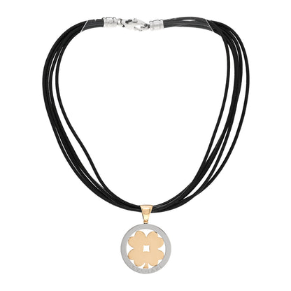 Bulgari 18K Yellow Gold Stainless Steel Calfskin Tondo Clover Pendant Necklace Black 2 of 4