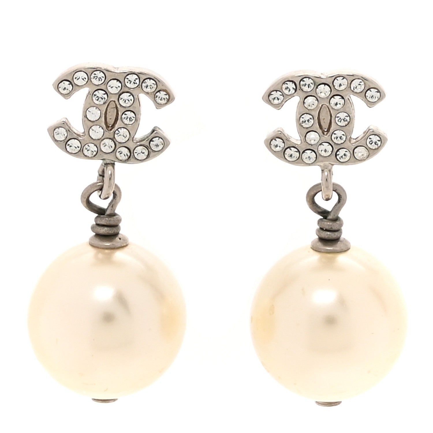 Chanel Crystal Pearl CC Drop Earrings Silver Pearly White 1 of 7