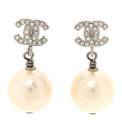 Chanel Crystal Pearl CC Drop Earrings Silver Pearly White 1 of 7