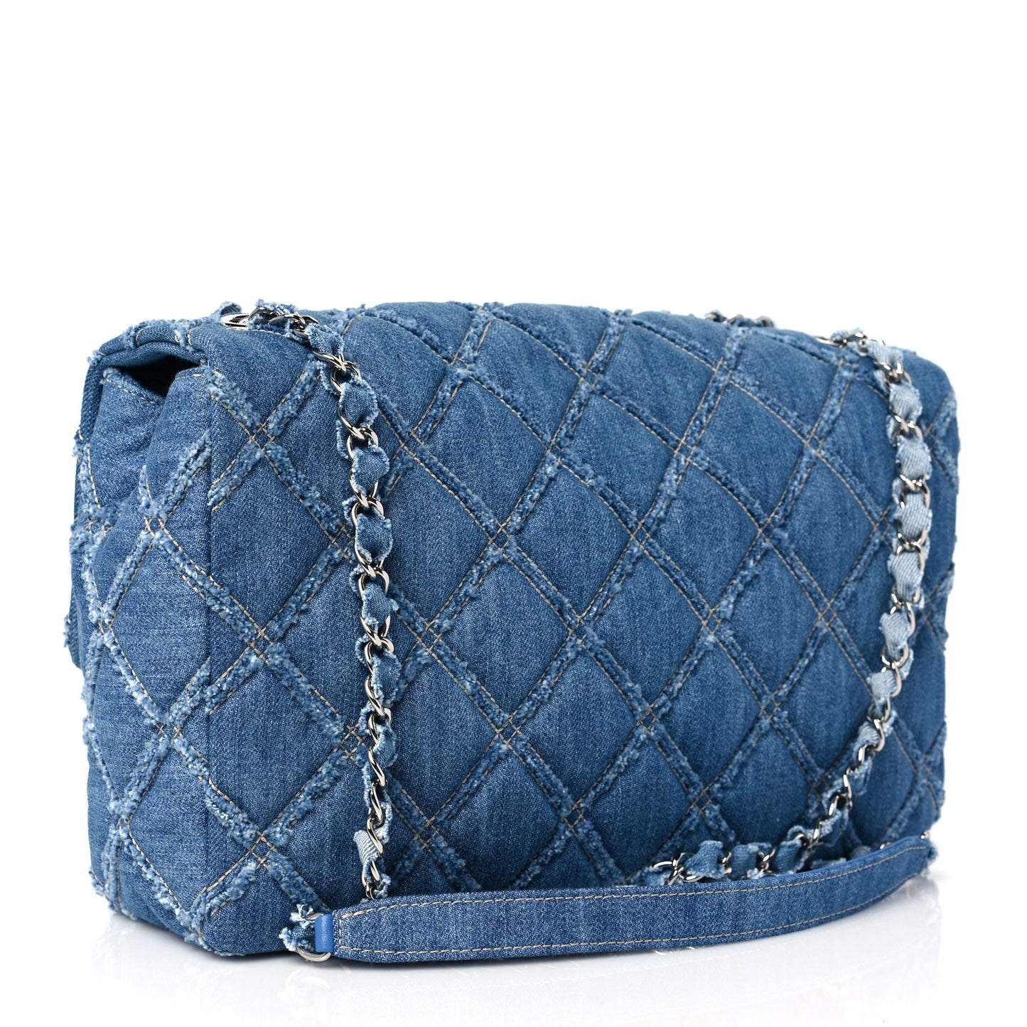 Frayed Denim Quilted Large Blue Chip Flap Blue