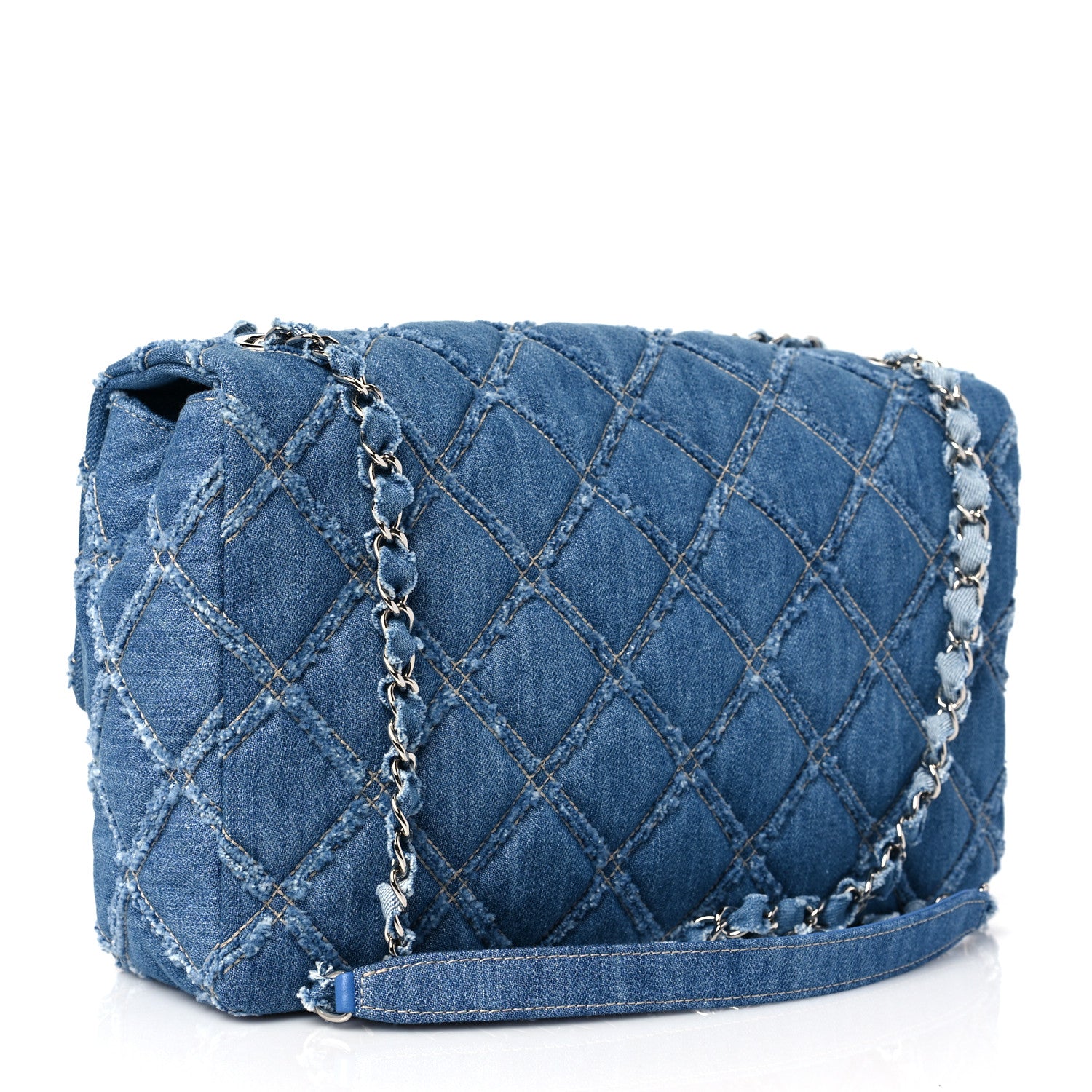 Chanel Frayed Denim Quilted Large Blue Chip Flap Blue 3 of 9