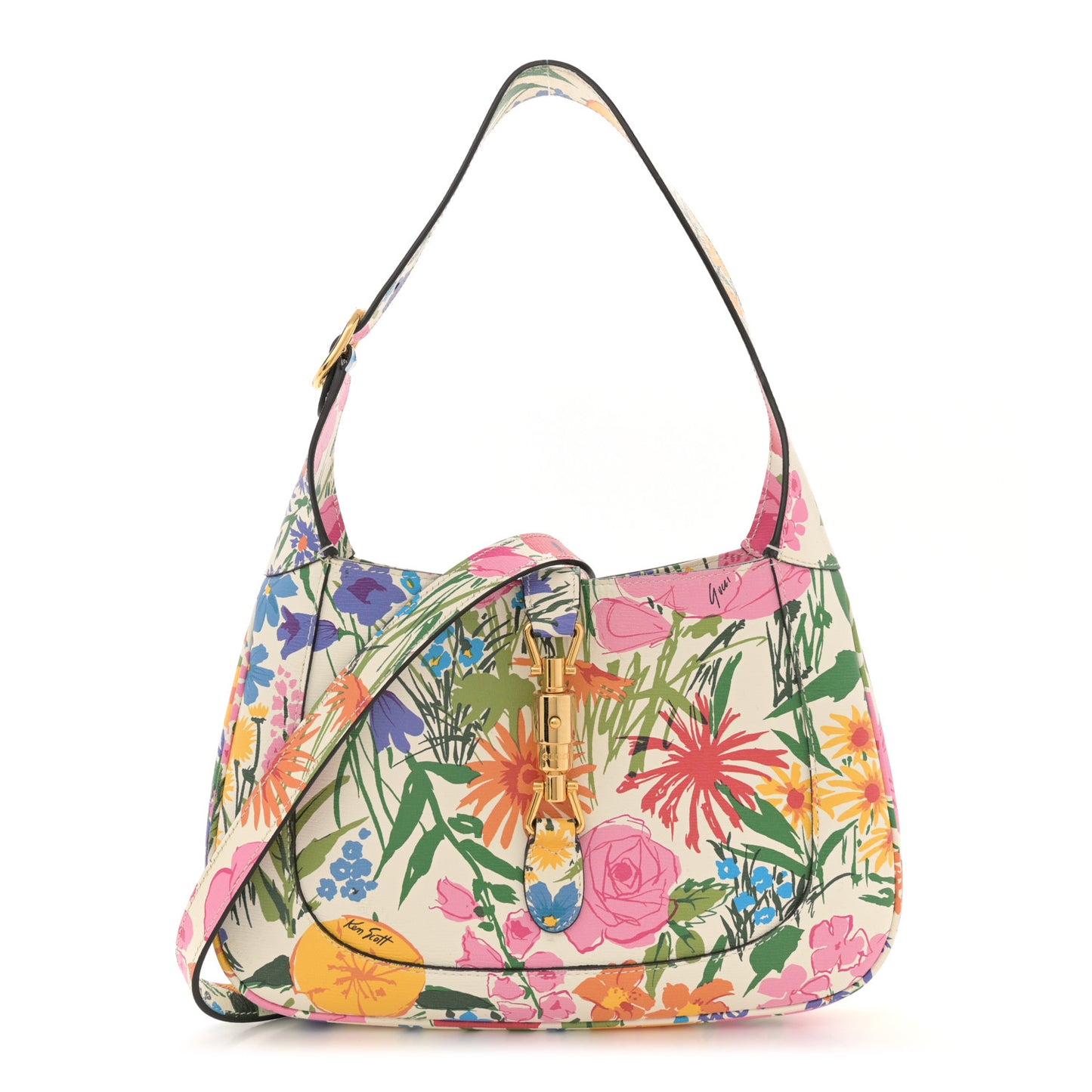 X KEN SCOTT New Shangai Calfskin Jardin D'Avril Floral Print Small Jackie 1961 Hobo Ivory Pink