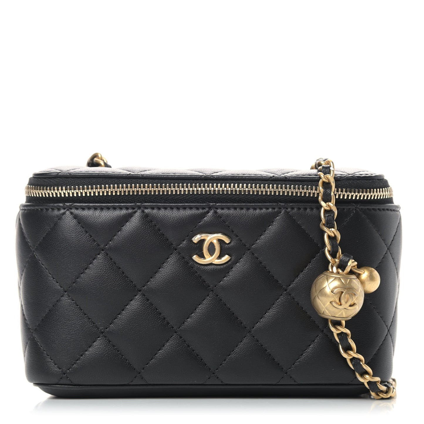 Lambskin Quilted Pearl Crush Small Vanity Case With Chain Black