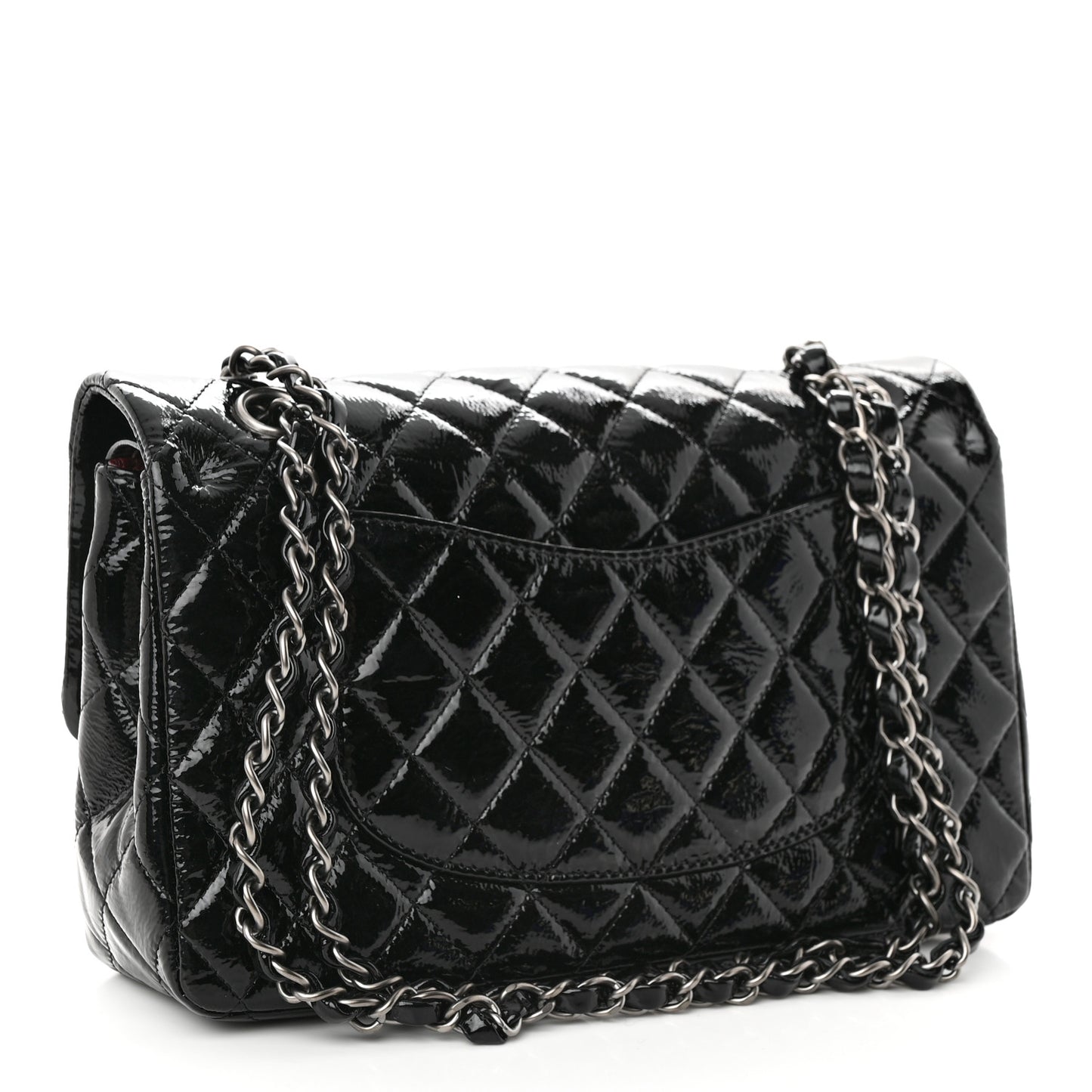 Crumpled Patent Quilted Medium Double Flap Black