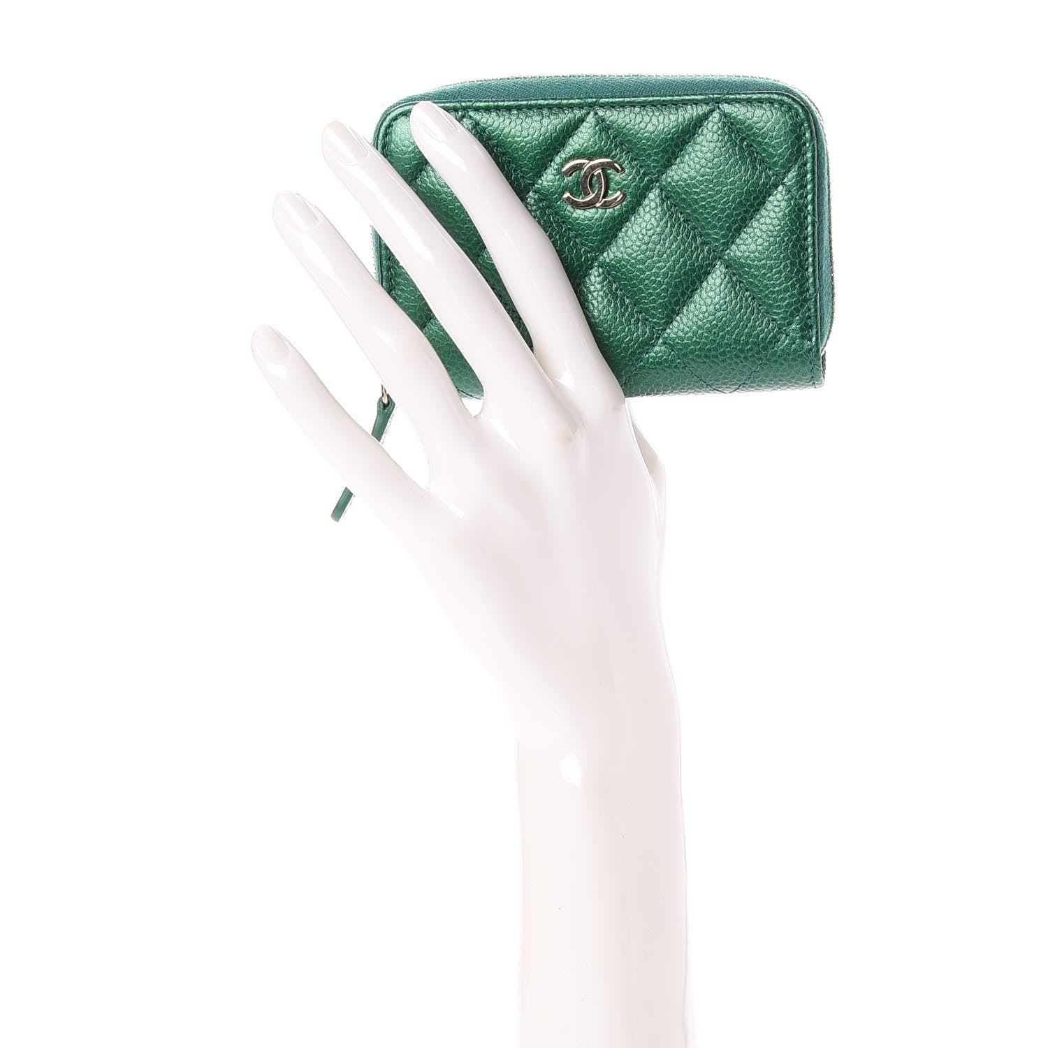 Chanel Metallic Caviar Quilted Zip Coin Purse Green 2 of 8
