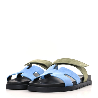 Hermes Suede Goatskin Womens Chypre Sandals 39 Bleu Cameo Vert 3 of 9