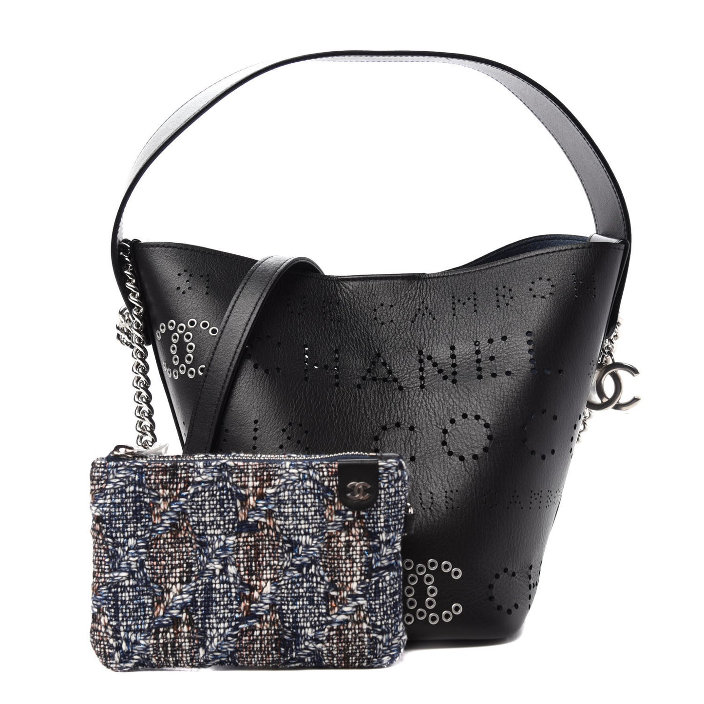 Calfskin Tweed Small Piercing Light Bucket Bag Black