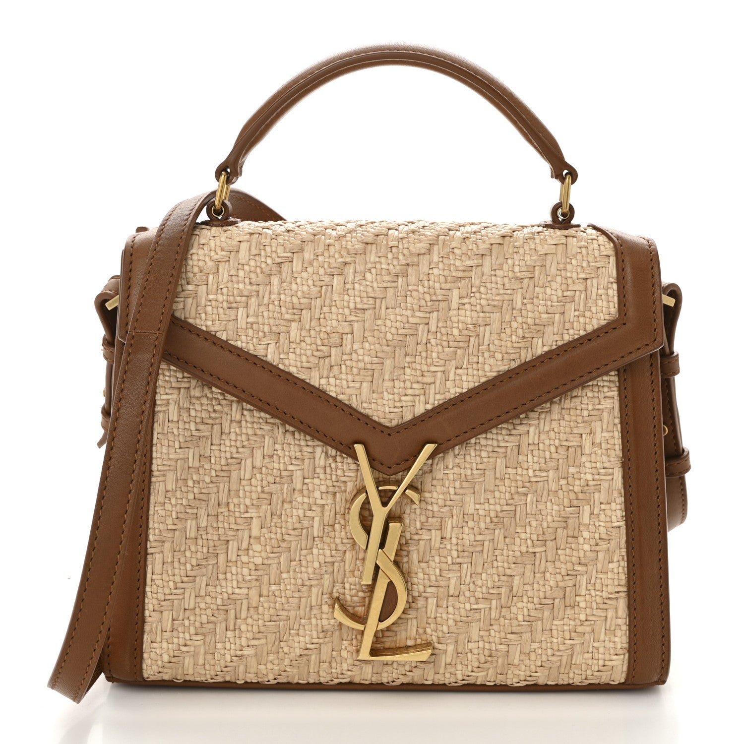 Saint Laurent Raffia Calfskin Mini Classic Monogram Cassandra Top Handle Naturel Brick 1 of 10