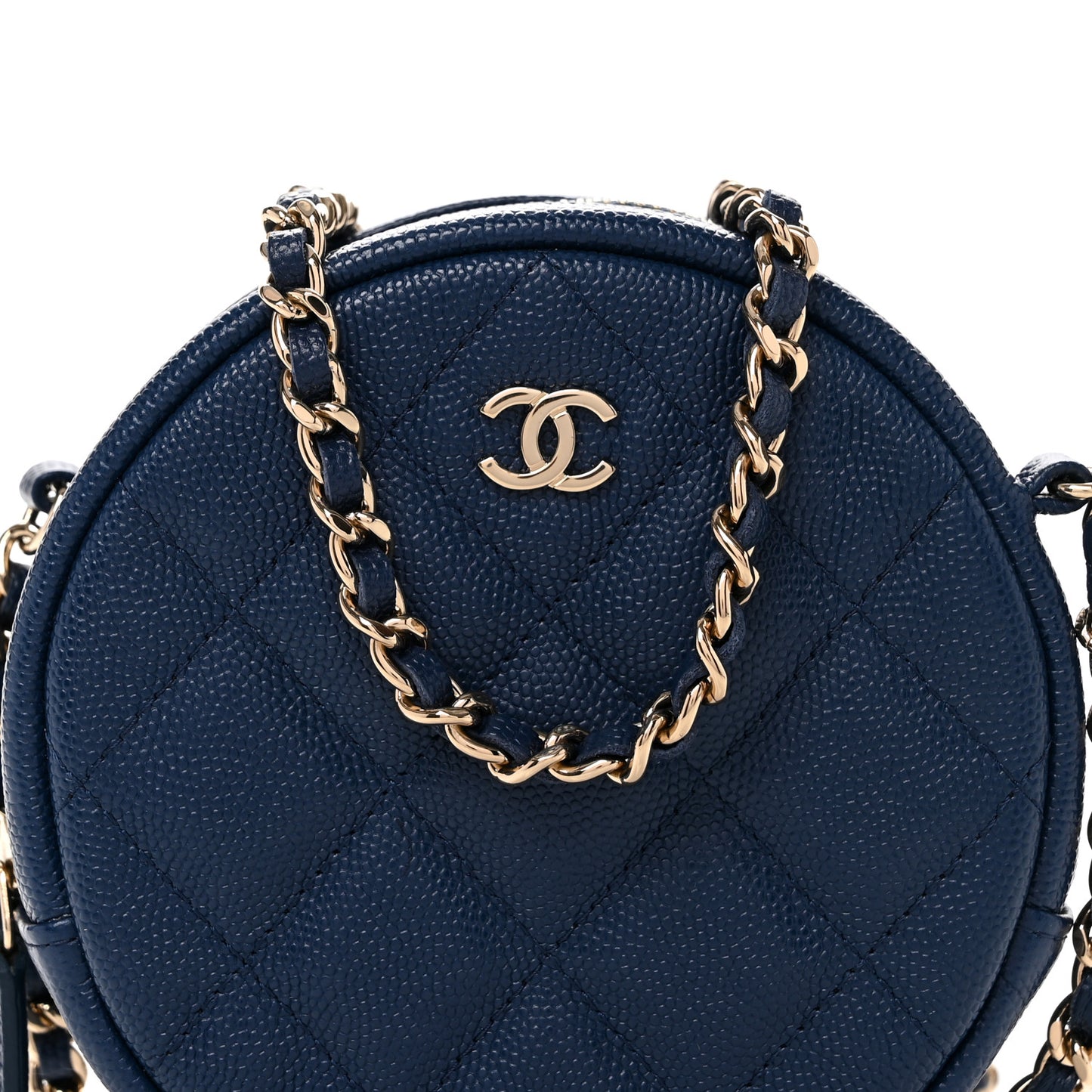 Caviar Quilted Round Clutch With Chain Blue