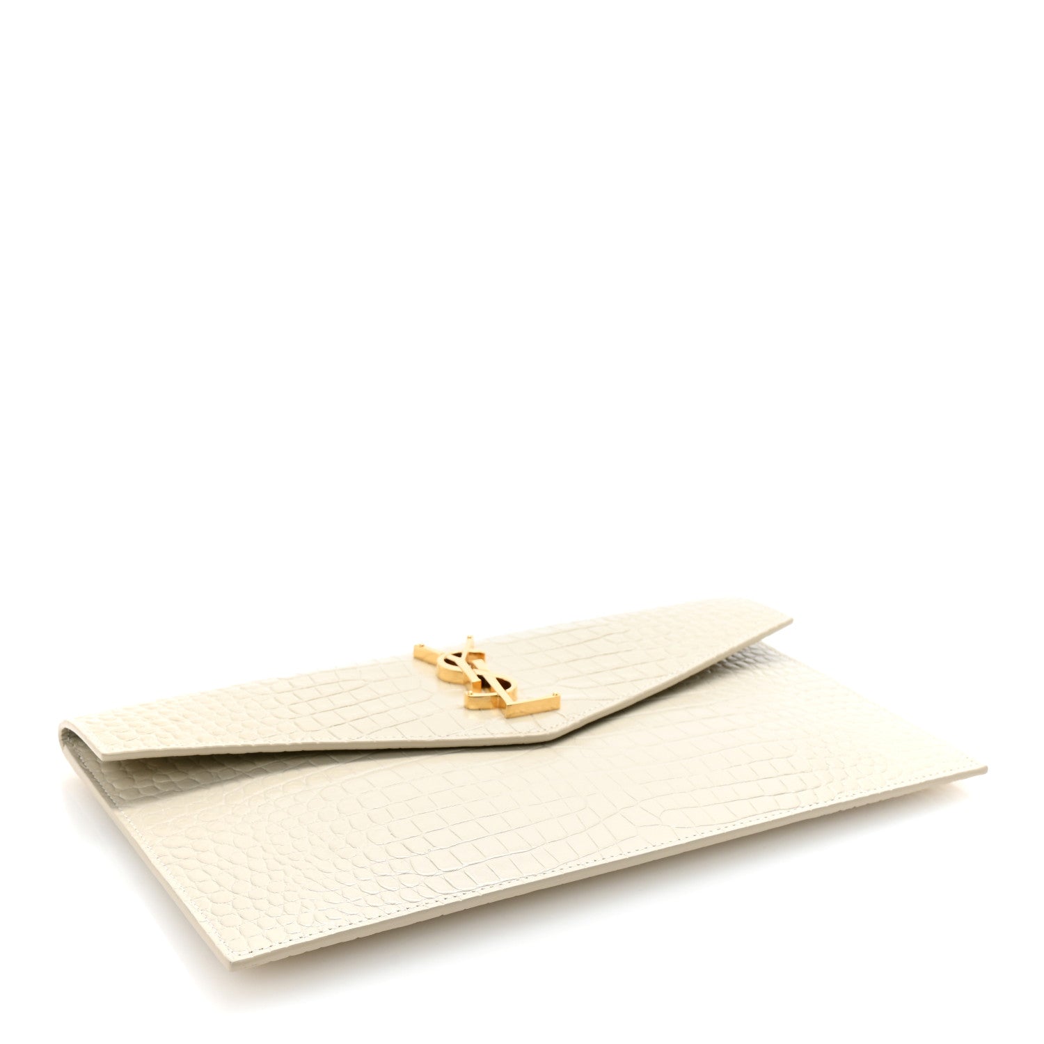 Saint Laurent Calfskin Crocodile Embossed Uptown Monogram Clutch Crema Soft 4 of 7
