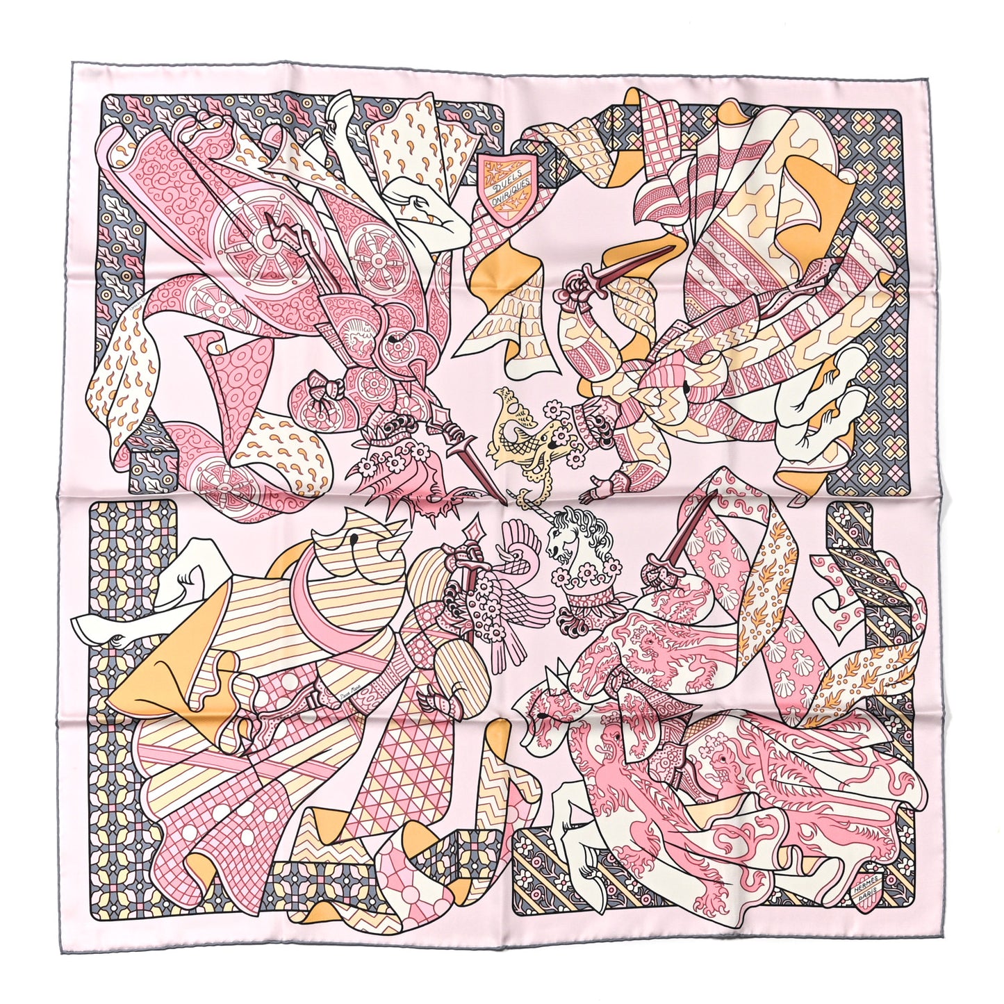 Silk Carre Duels Oniriques Scarf 90 Rose Pale Gris Jaune