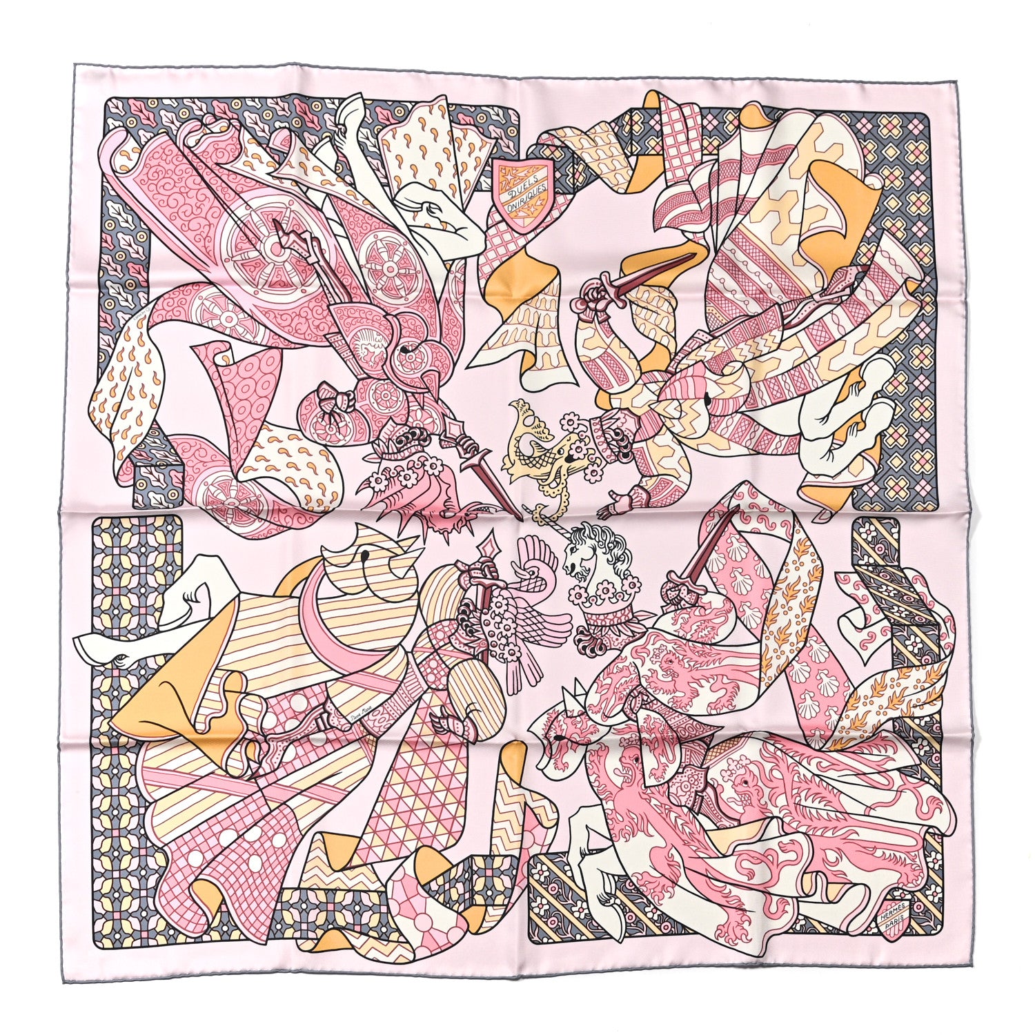 Hermes Silk Carre Duels Oniriques Scarf 90 Rose Pale Gris Jaune 1 of 5
