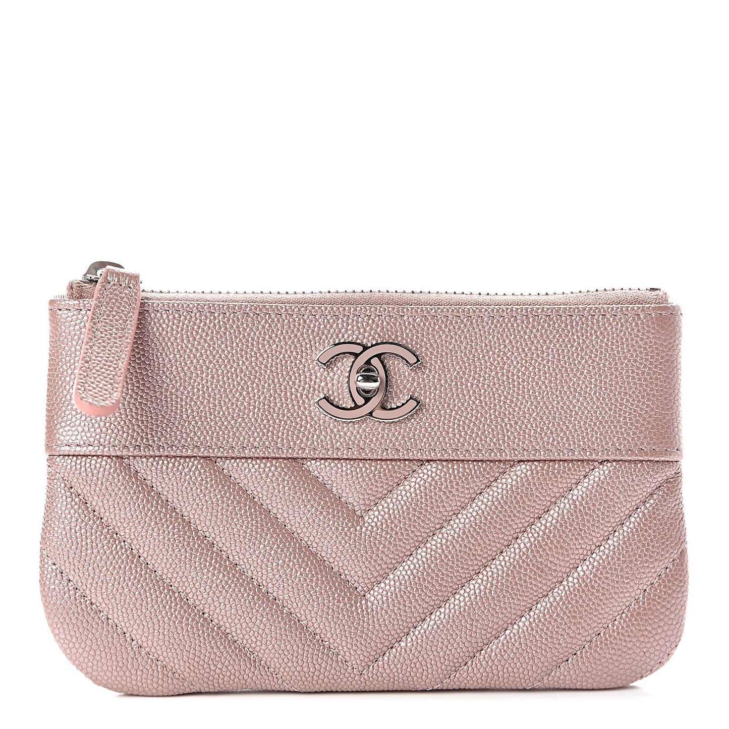 Metallic Caviar Chevron Quilted Small Vintage Mademoiselle Cosmetic Case Pink
