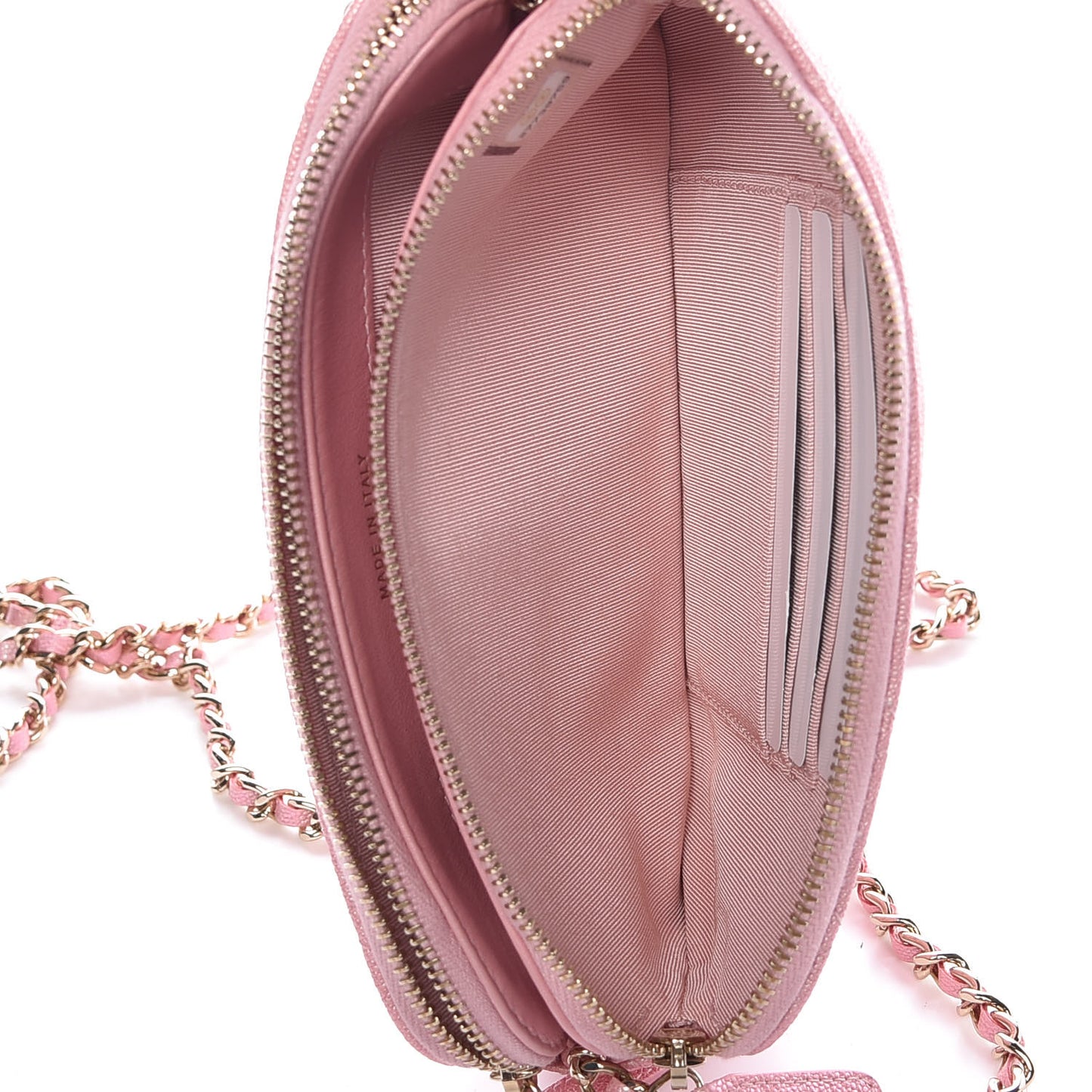 Iridescent Caviar Quilted Clutch With Chain Rose
