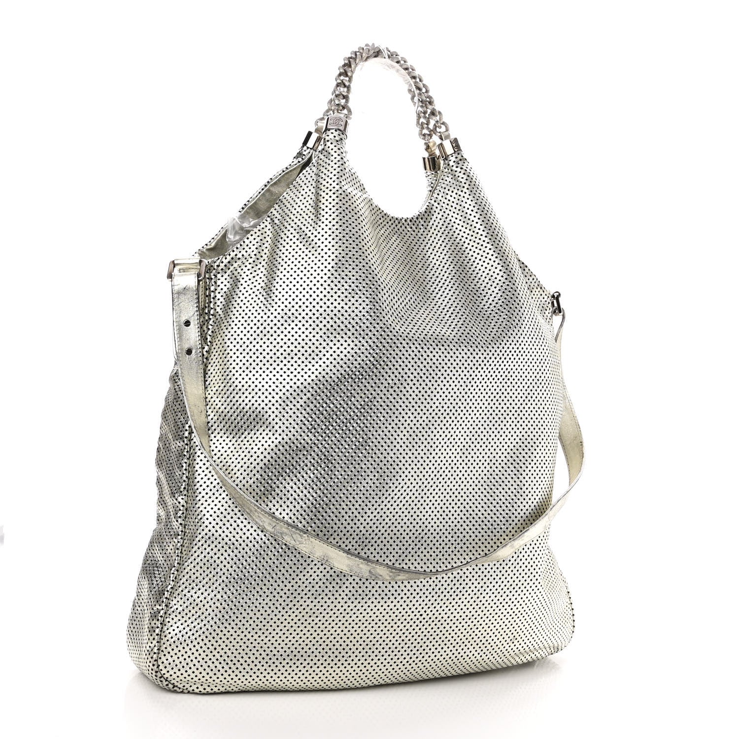 Chanel Metallic Glazed Calfskin Perforated Large Rodeo Drive Tote Silver 2 of 11