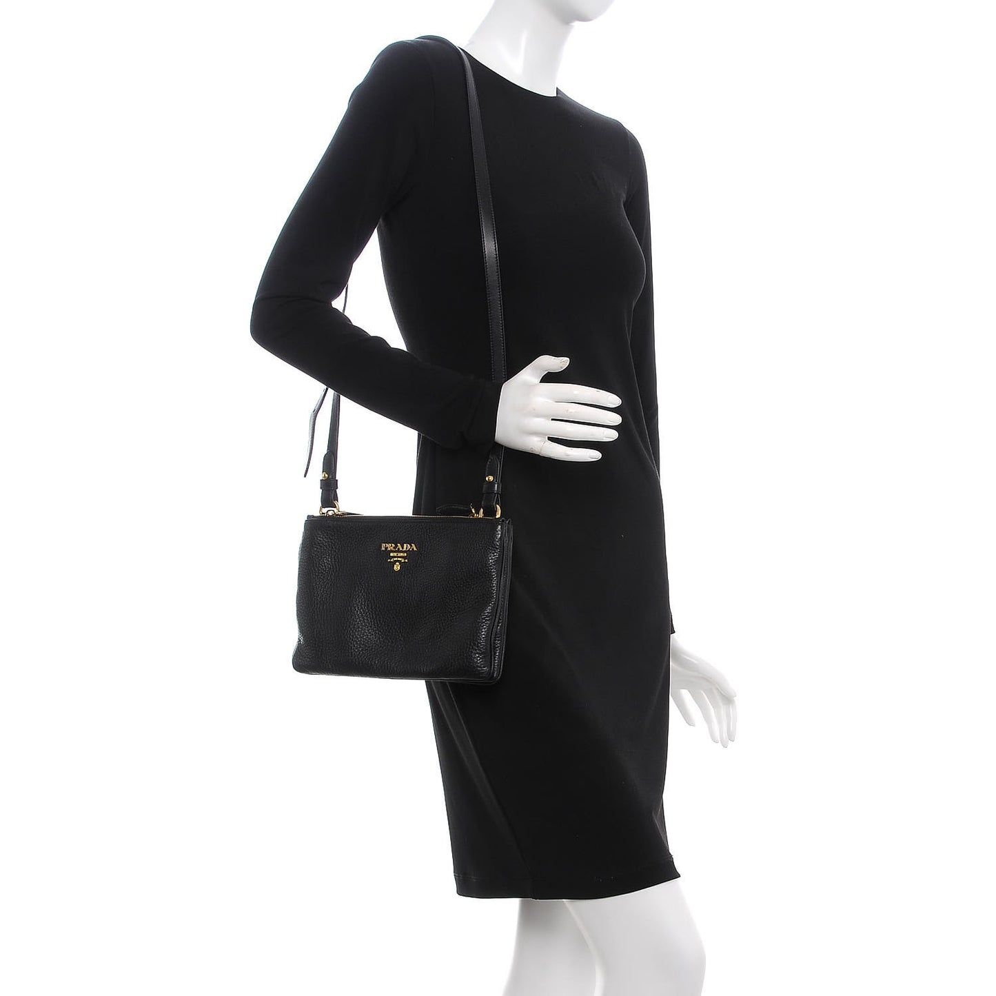 Vitello Daino Double Zip Crossbody Bag Black