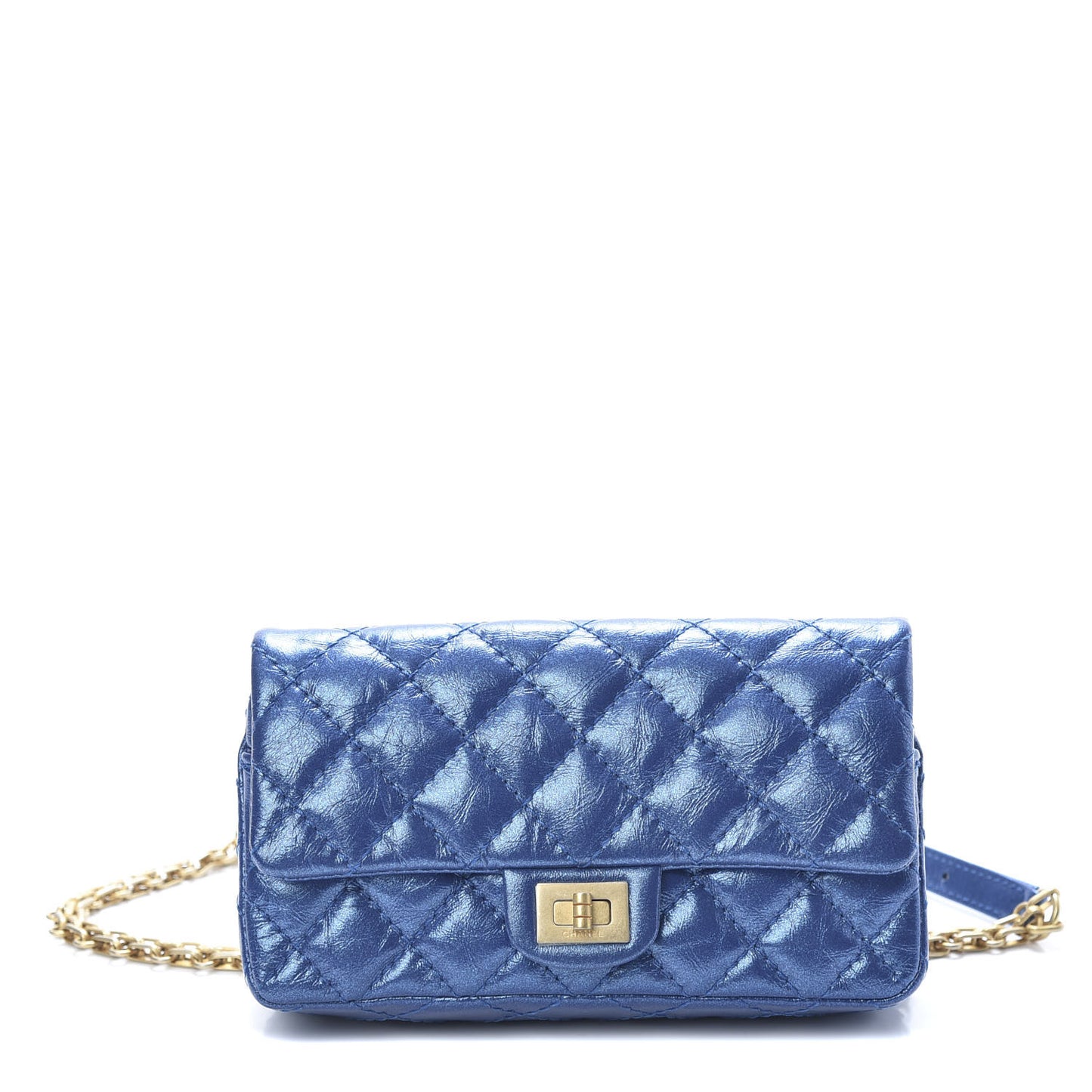 Metallic Aged Calfskin Quilted 2.55 Reissue Flap Belt Bag Blue