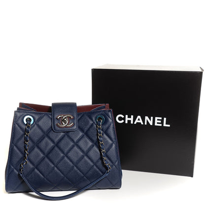 Chanel Grained Calfskin Quilted CC Accordion Small Tote Blue 3 of 10