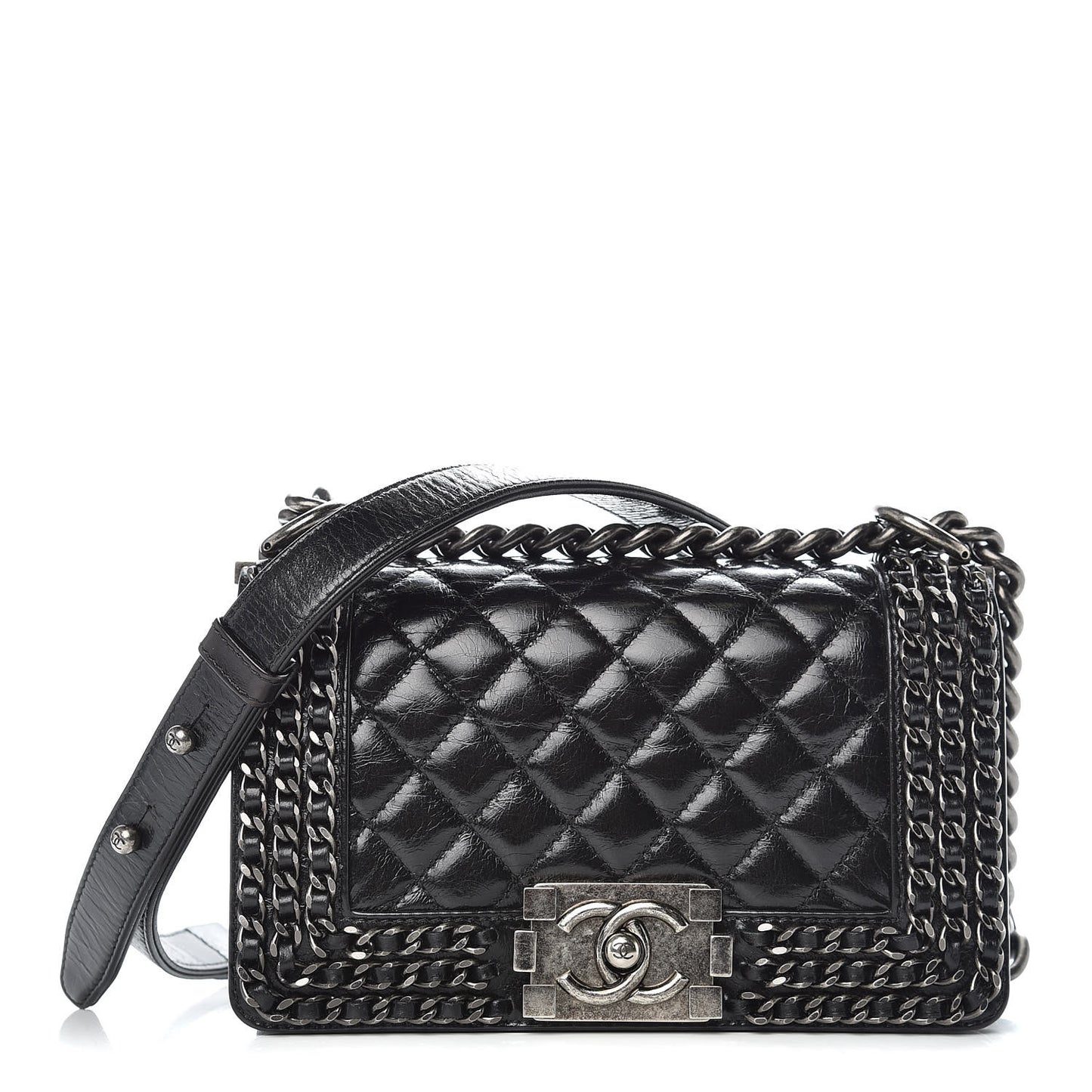 Glazed Calfskin Quilted Small Boy Chained Flap Black