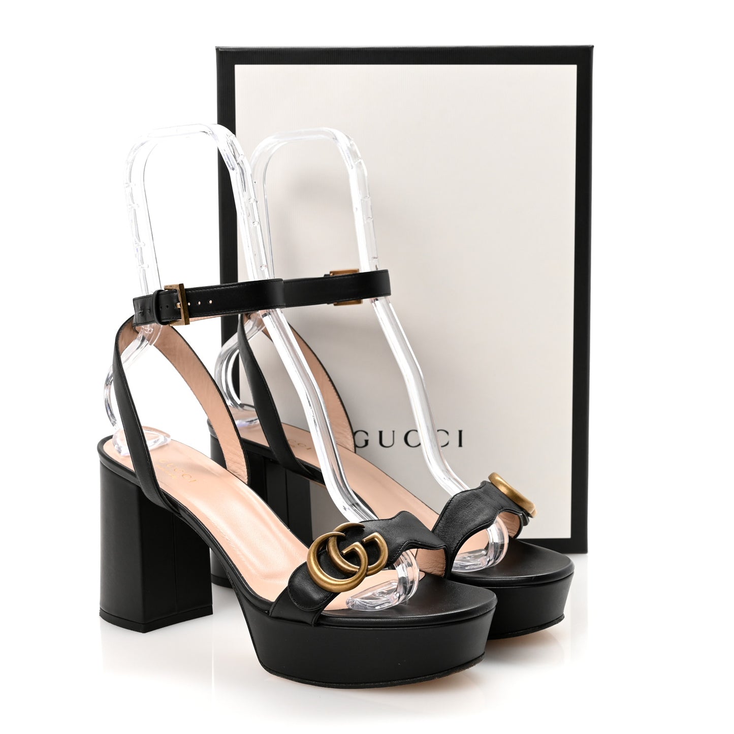 Calfskin GG Marmont Ankle Wrap 30/85mm Platform Sandals 39.5 Black