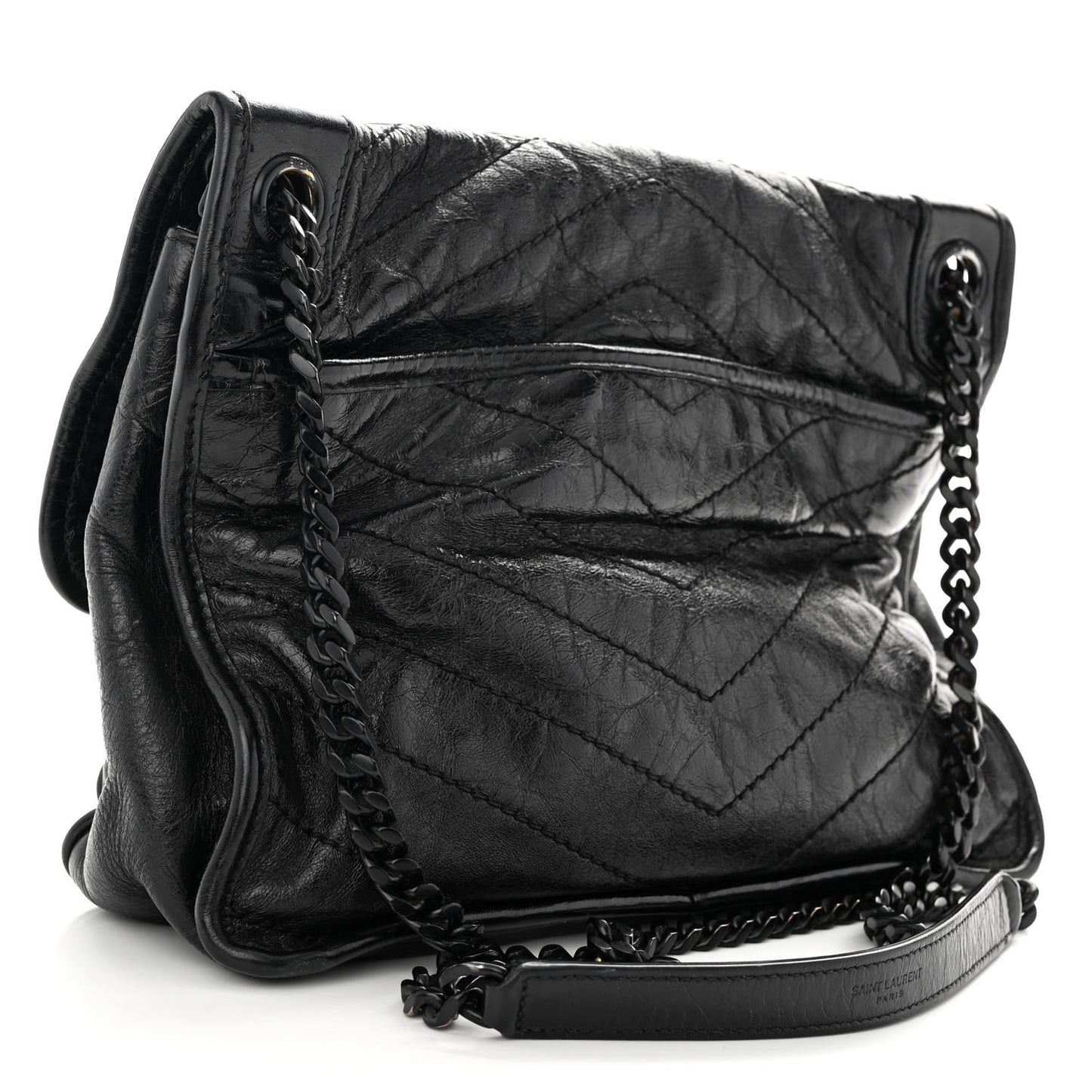 Crinkled Calfskin Matelasse Monogram Medium Niki Chain Satchel Black