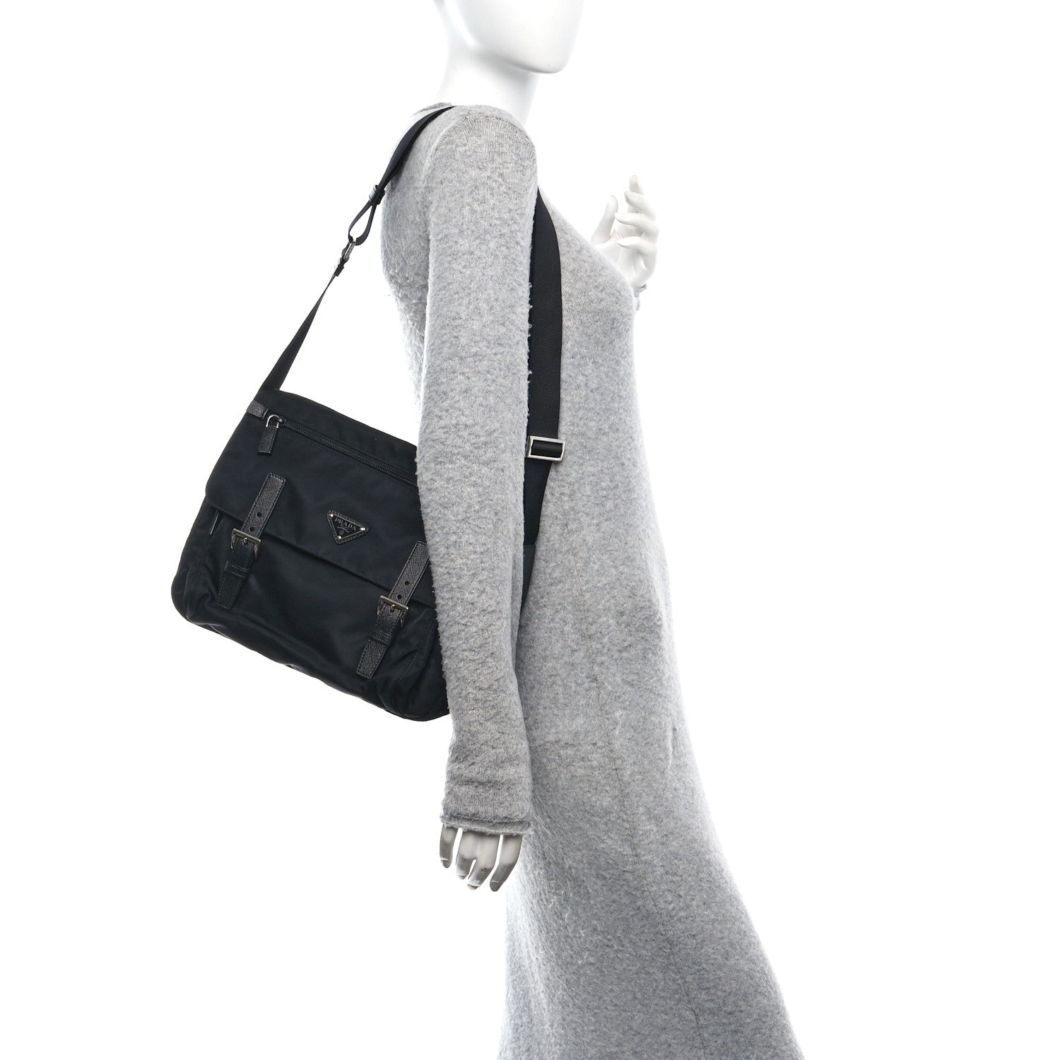 Prada Tessuto Nylon Saffiano Double Buckle Messenger Shoulder Bag Black 2 of 10