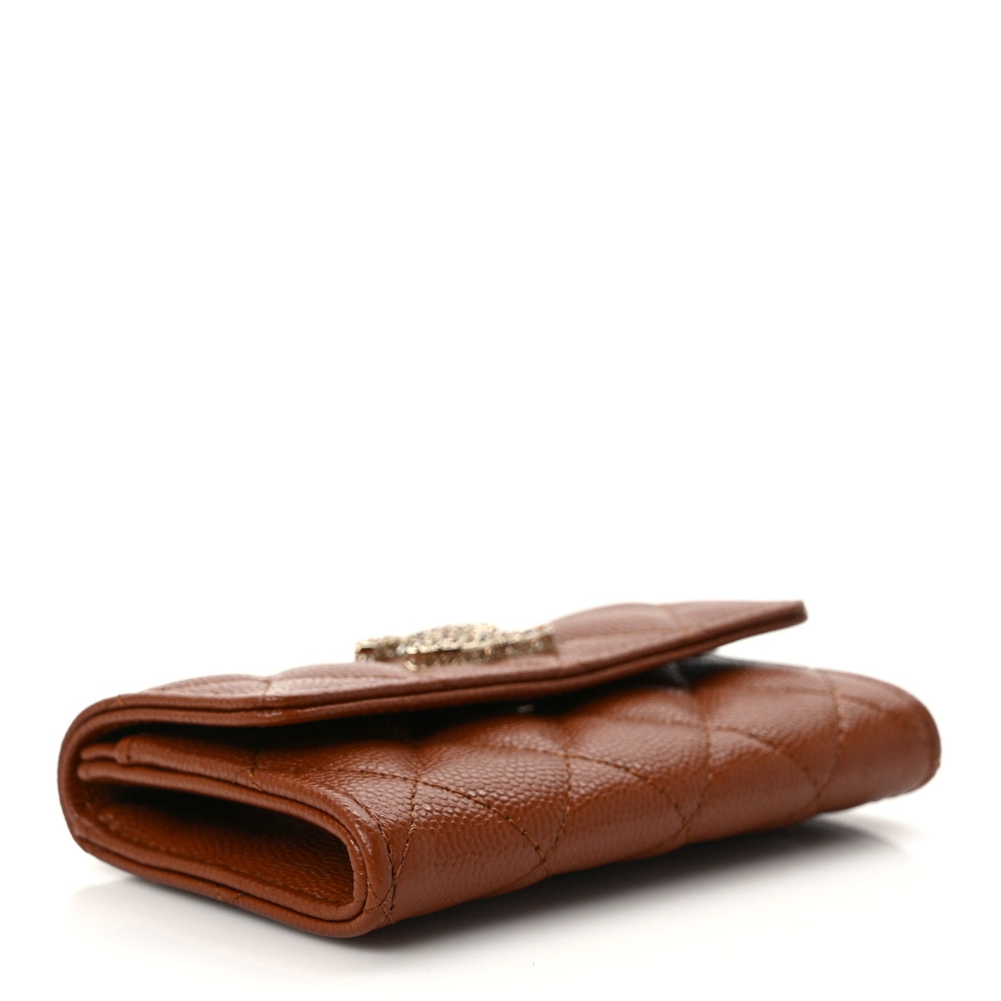 Shiny Caviar Quilted Strass CC Flap Card Holder Brown
