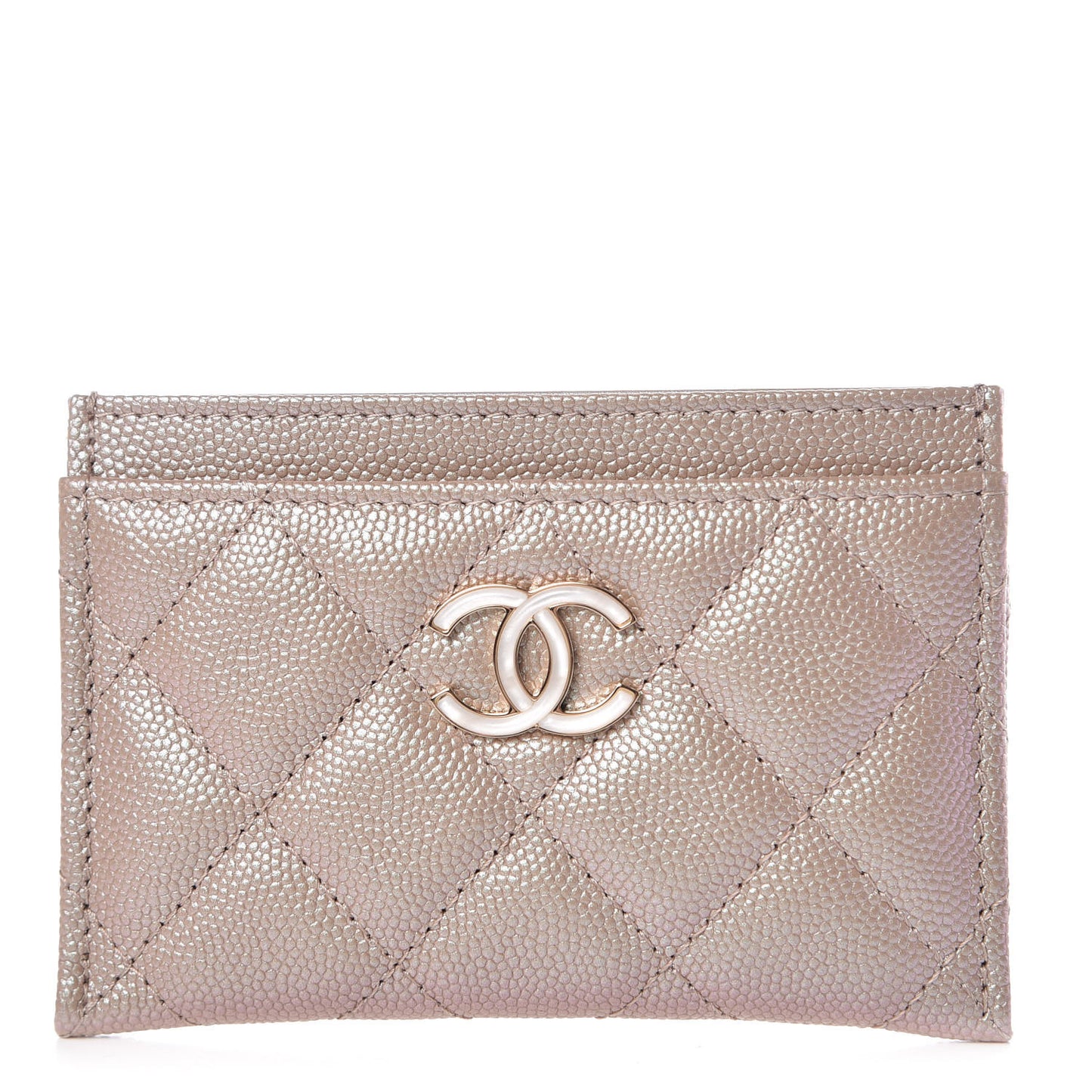 Iridescent Caviar Quilted Card Holder Beige