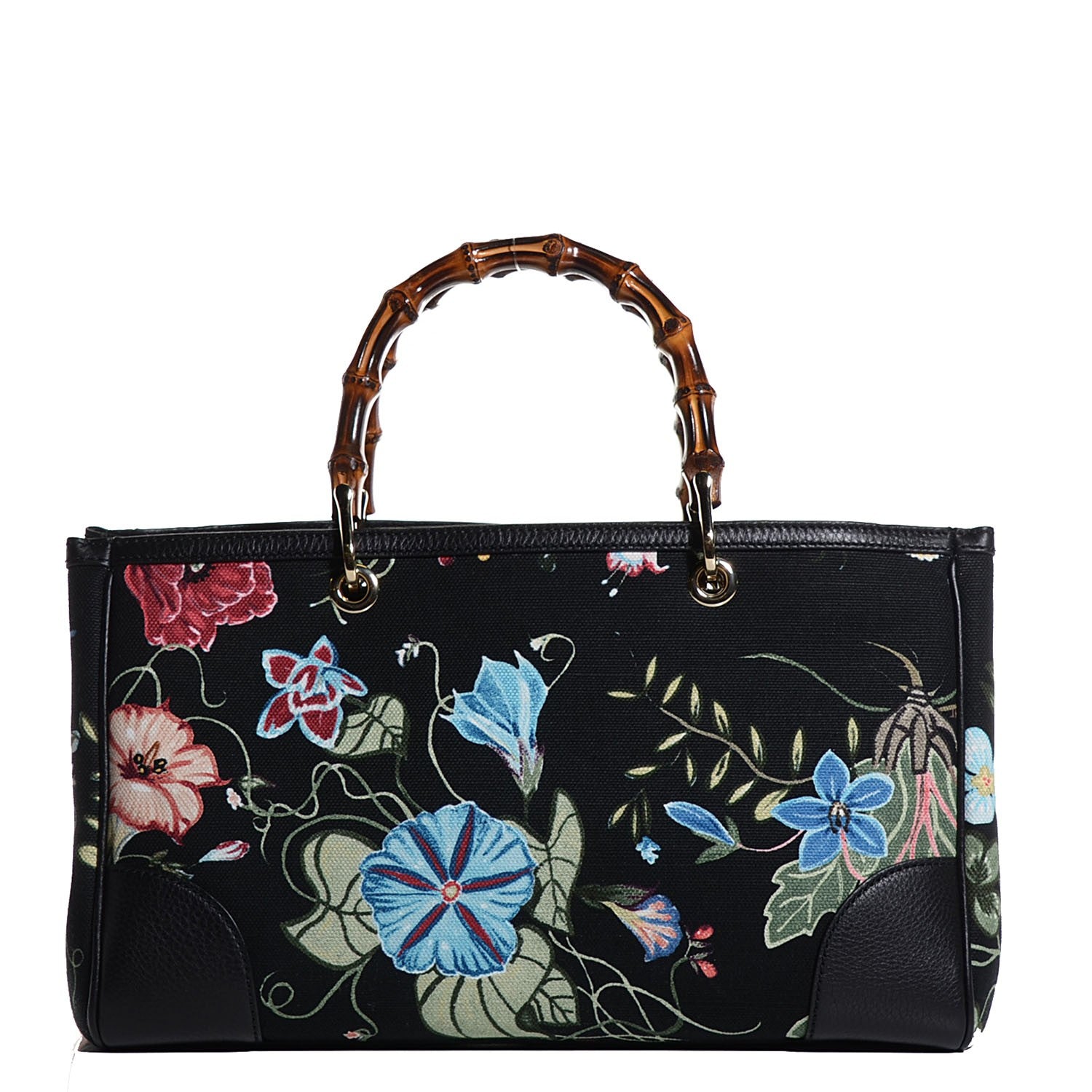 Gucci Canvas Cellarius Calfskin Flora Knight Medium Bamboo Shopper Tote Black 1 of 9