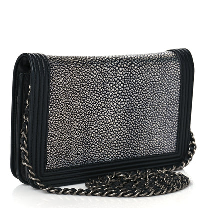 Chanel Galuchat Stingray Lambskin Boy Wallet On Chain WOC Black 2 of 12