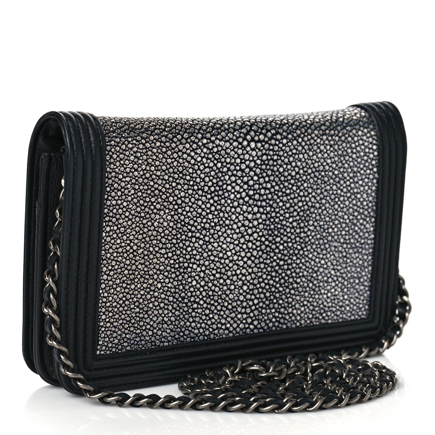 Chanel Galuchat Stingray Lambskin Boy Wallet On Chain WOC Black 3 of 12