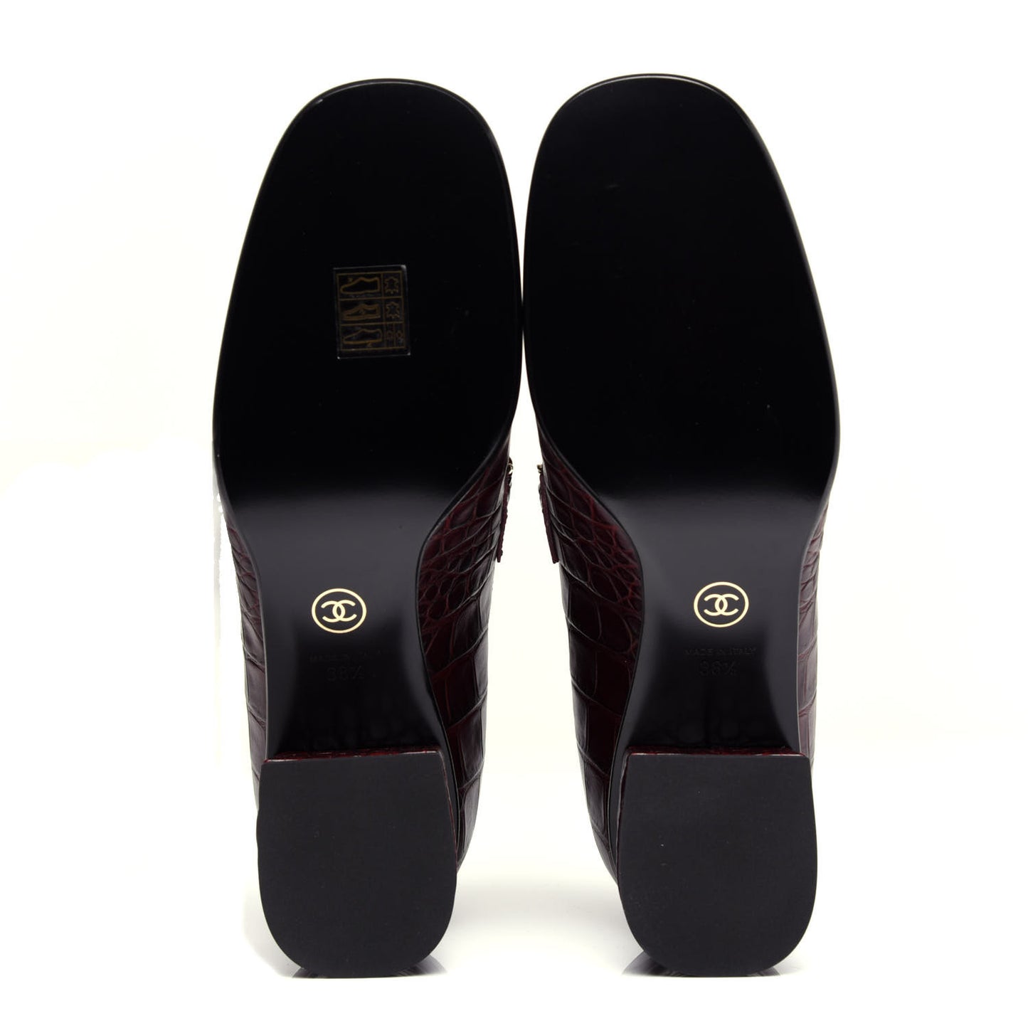Crocodile Embossed Calfskin CC Chain Mocassin Loafers 38.5 Burgundy Black
