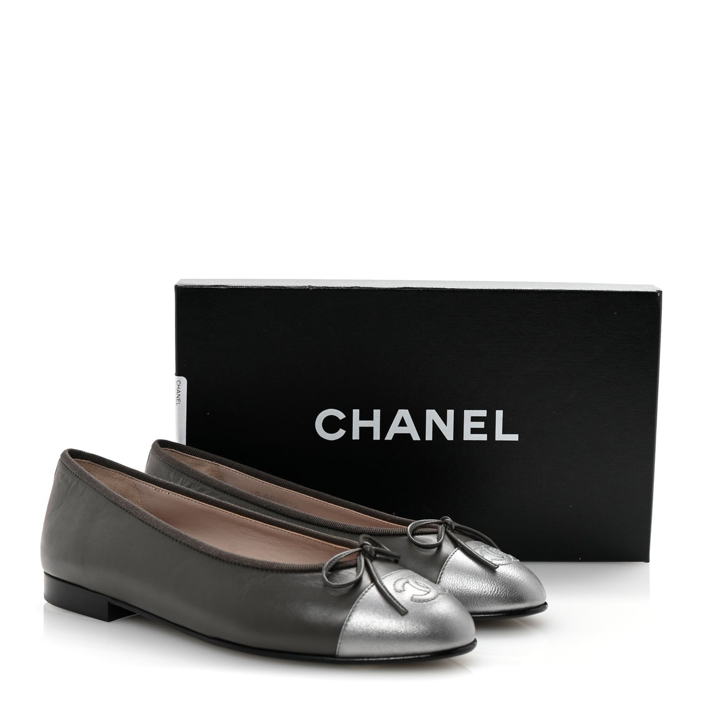 Calfskin Metallic Goatskin CC Cap Toe Ballerina Flats 37.5 Gris Argent